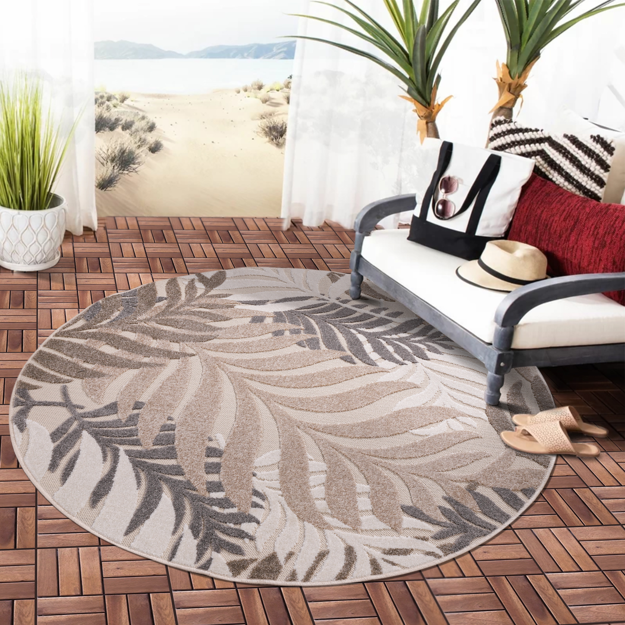Floral Outdoor - Buitenkleed Tuin - Rond - Weerbestendig Vloerkleed - Creme
