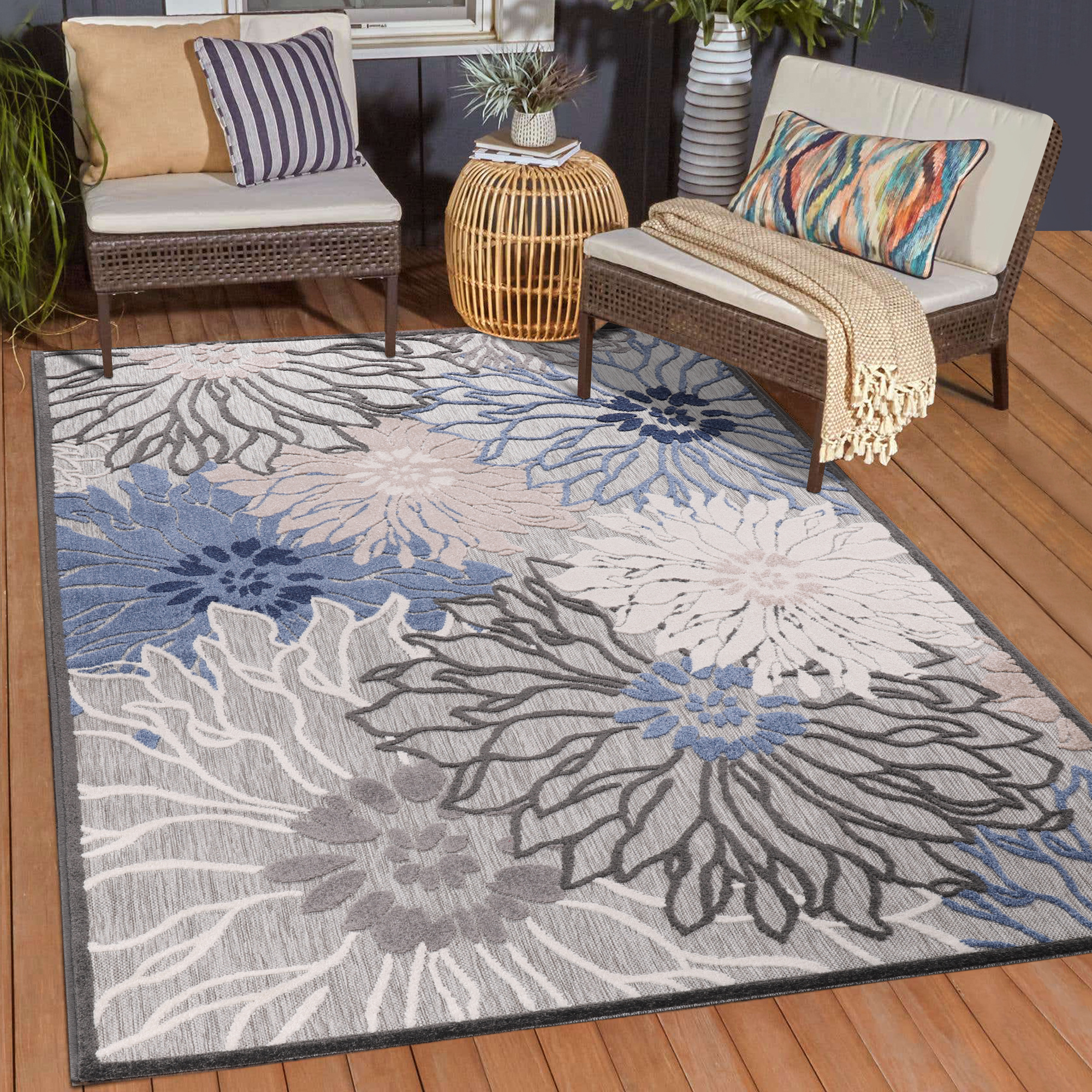 Floral Outdoor - Buitenkleed Tuin - Weerbestendig Vloerkleed - Grijs