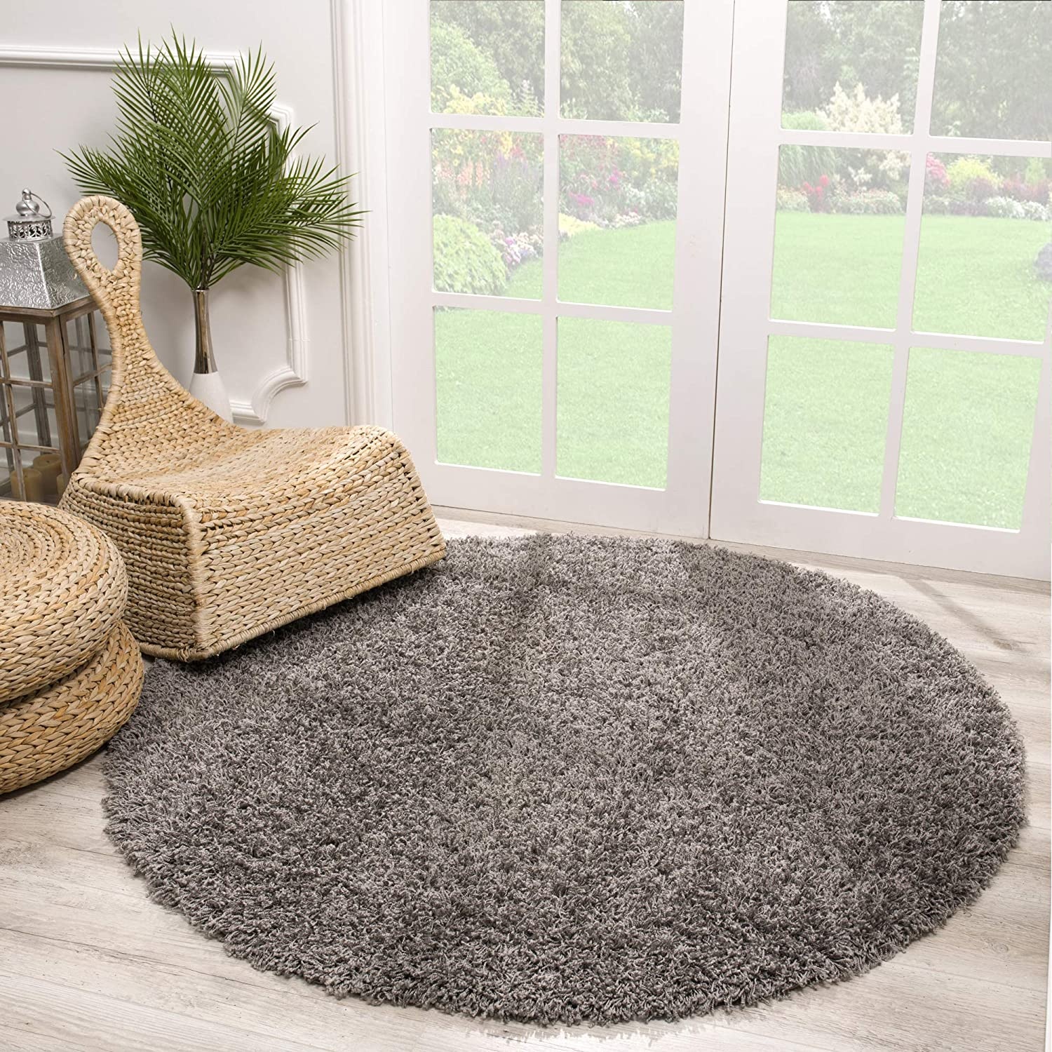Rond Loca Shaggy Vloerkleed – Modern Uni Effen – Grijs Hoogpolig & Zacht
