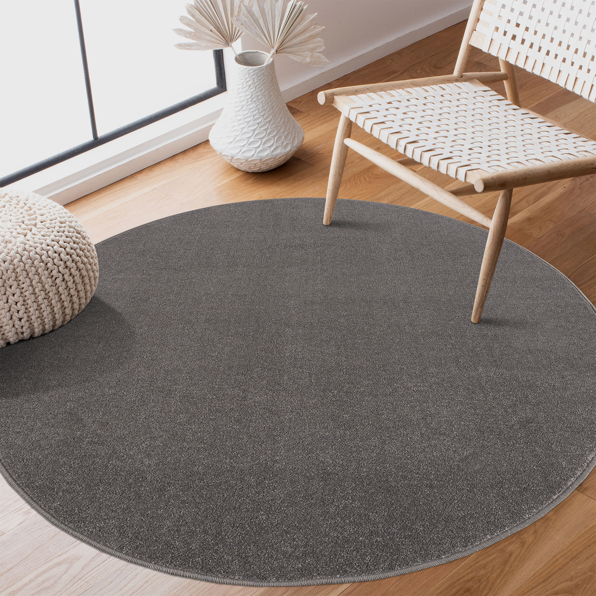 Uni Rond Effen Laagpolig Vloerkleed Modern Grijs