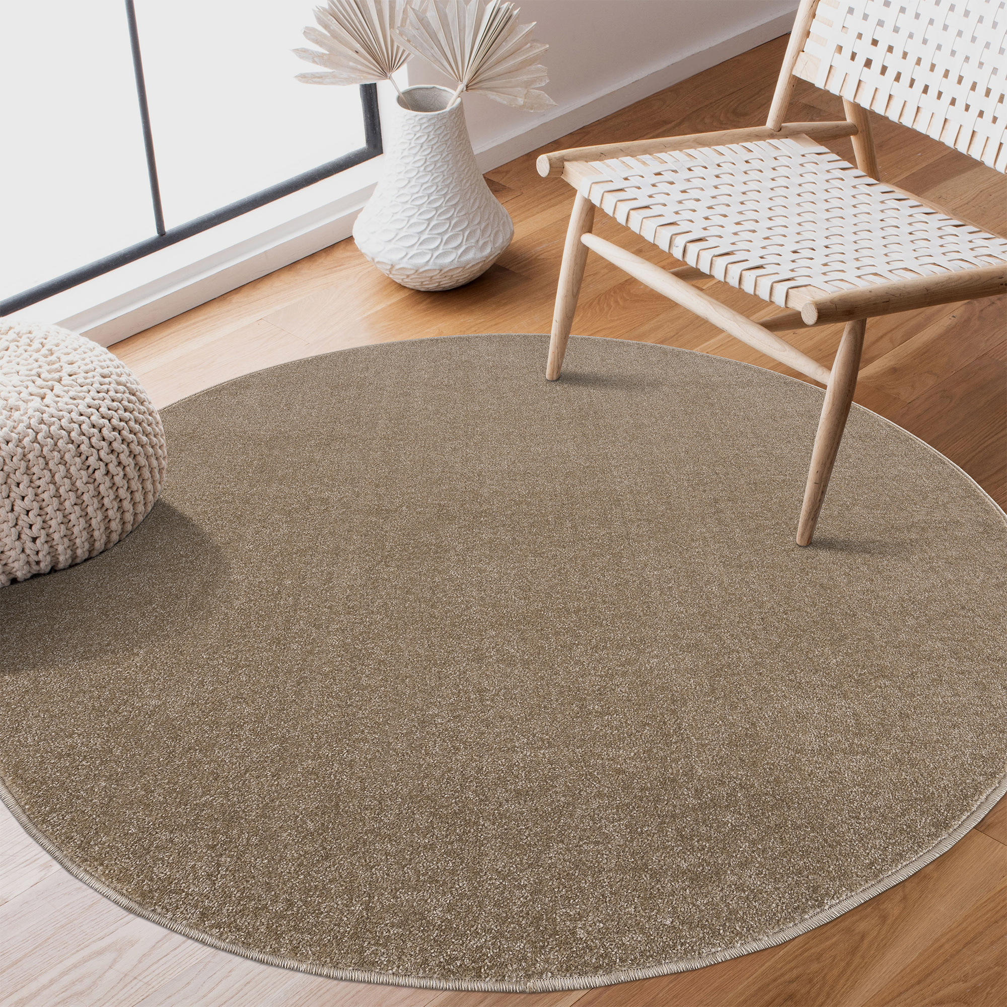 Uni Rond Effen Laagpolig Vloerkleed Modern Beige