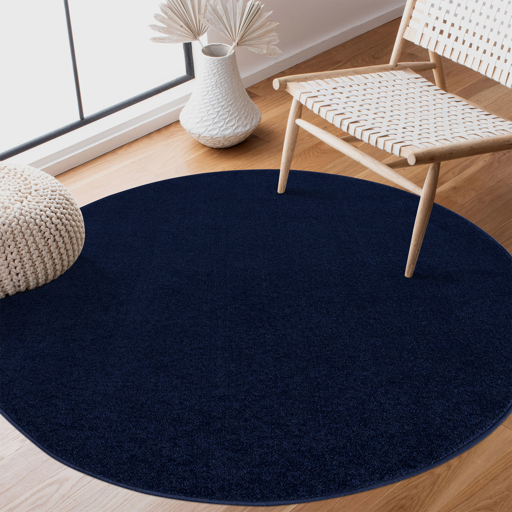 Uni Rond Effen Laagpolig Vloerkleed Modern Donker Blauw Navy