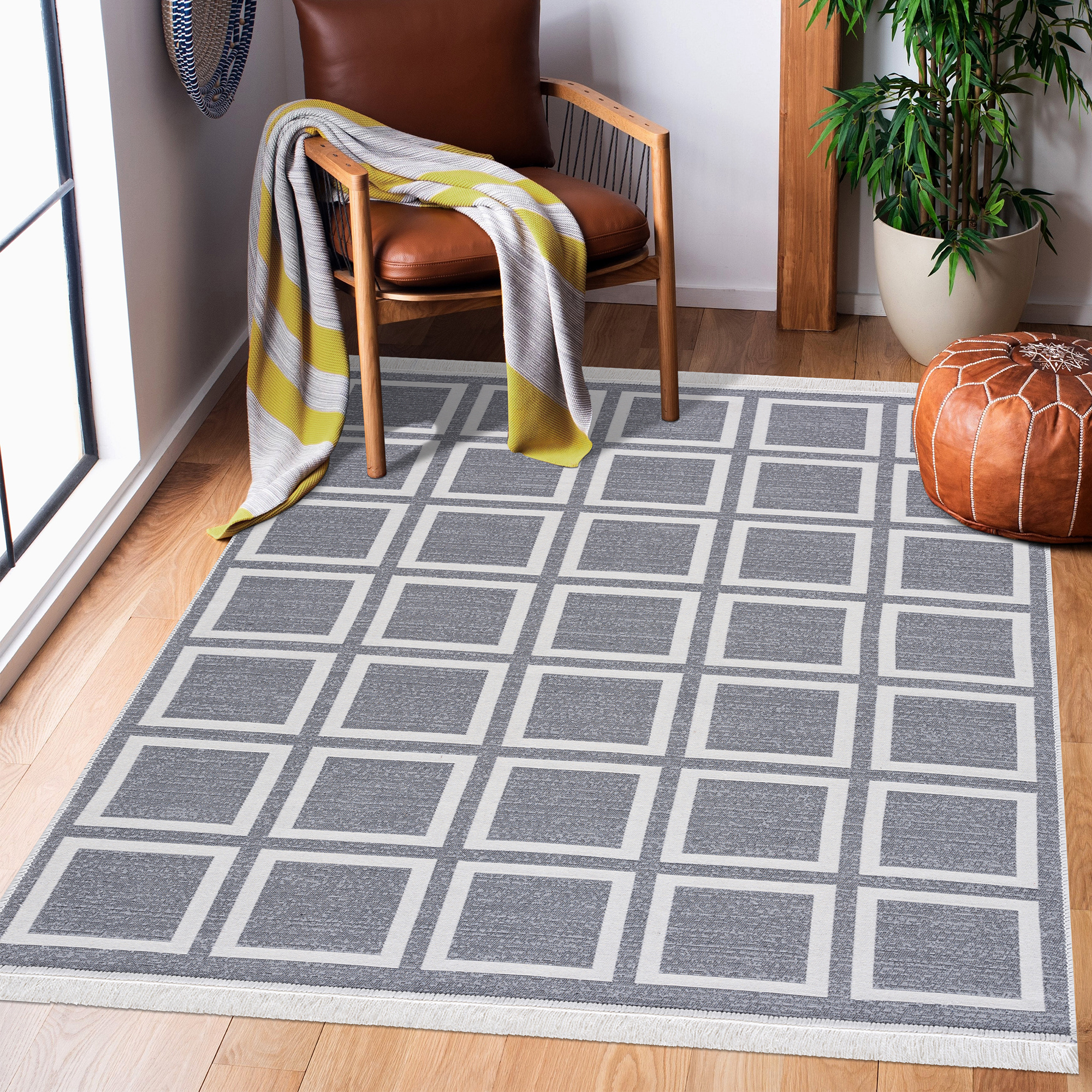 Boho Kelim Dubbelzijdig Wasbaar Vloerkleed Grijs Creme