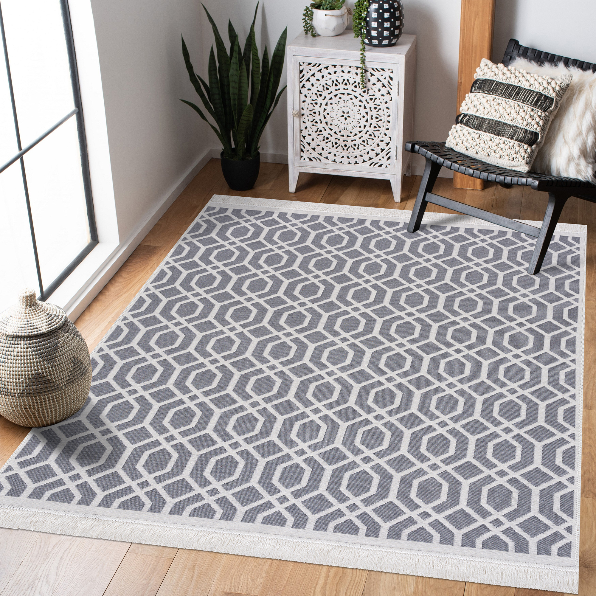 Boho Kelim Dubbelzijdig Wasbaar Vloerkleed Grijs Wit