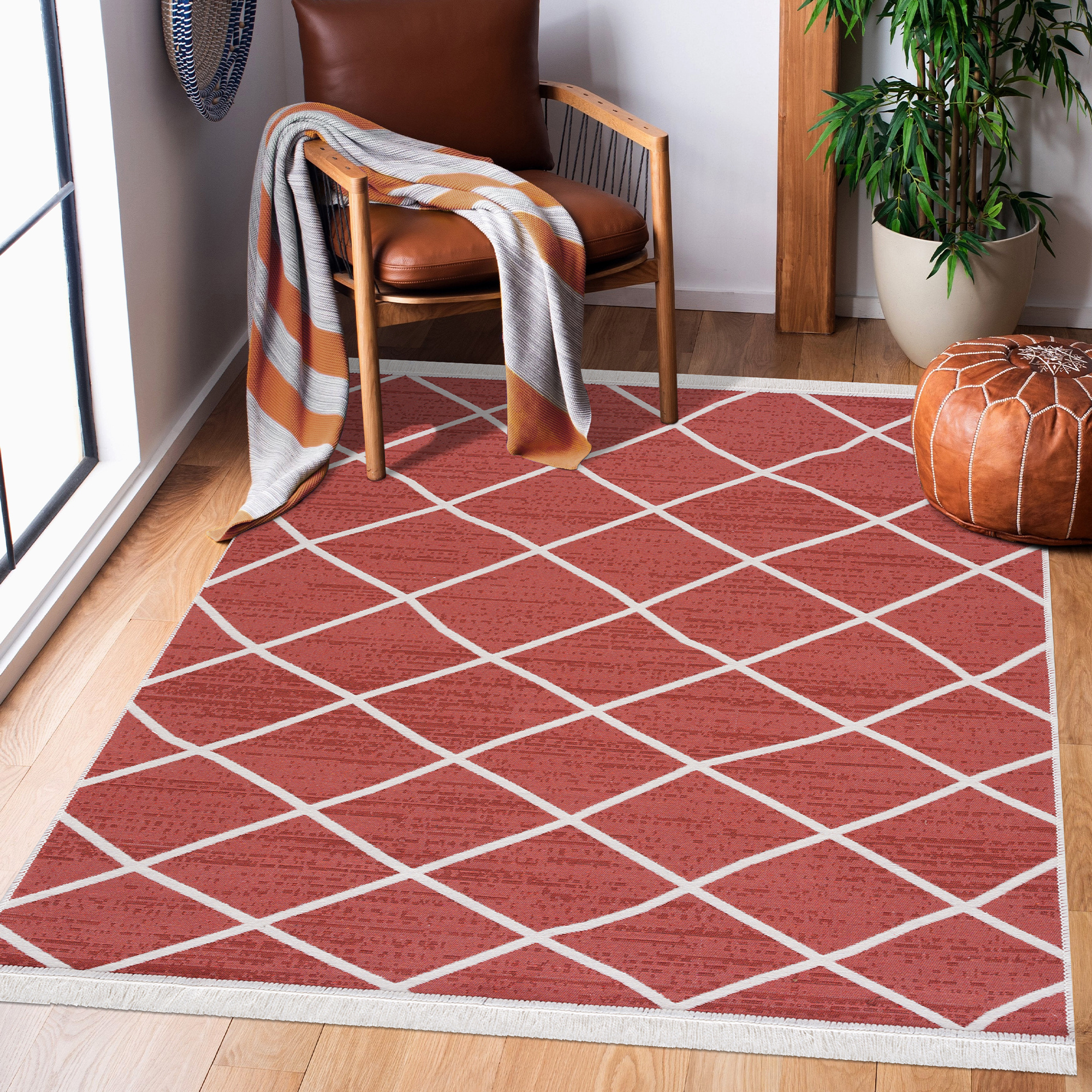 Boho Kelim Dubbelzijdig Wasbaar Vloerkleed Rood Creme