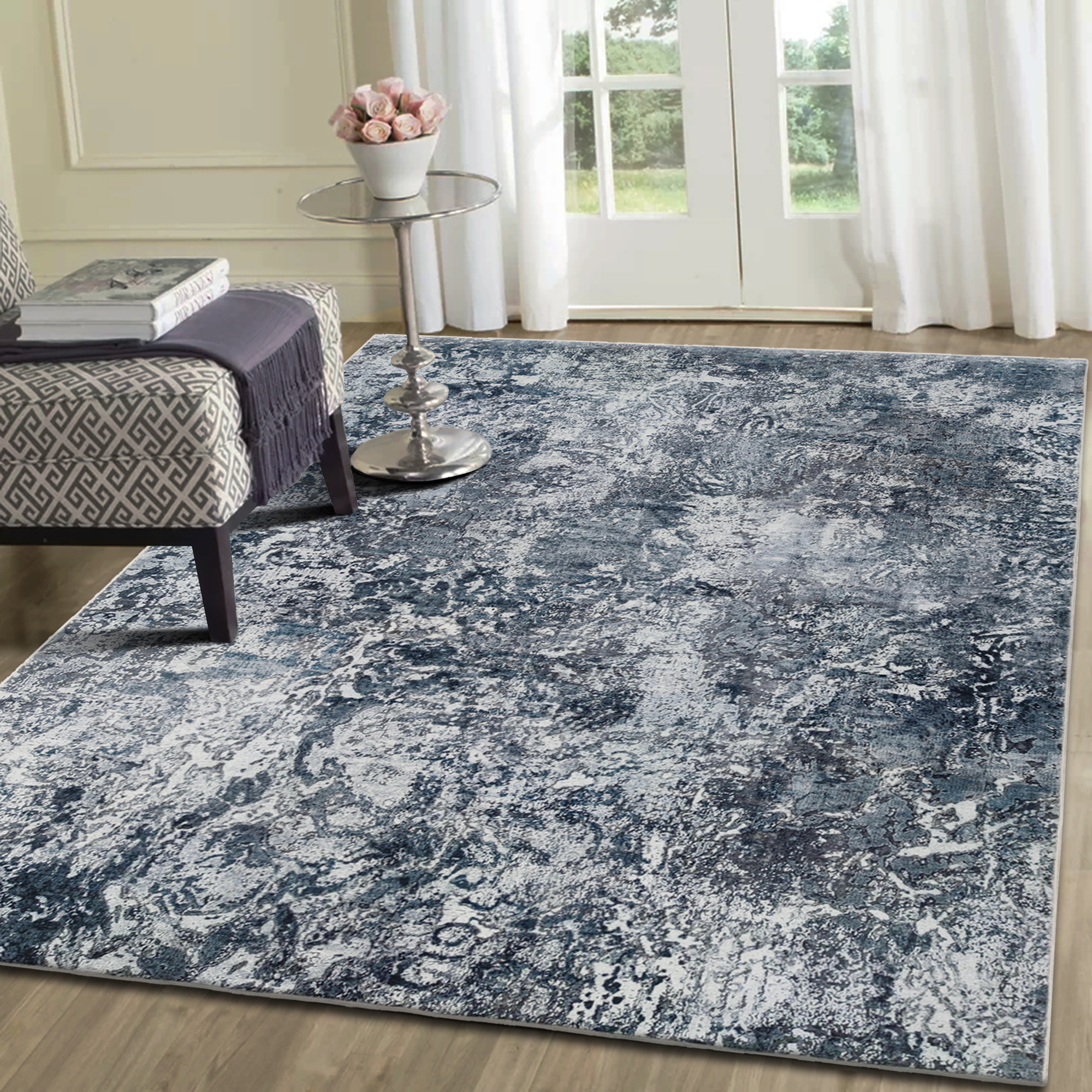 Nostalgia Abstract Rechthoek Laagpolig Vloerkleed Wasbaar Anti-Slip Woonkamer Slaapkamer Blauw