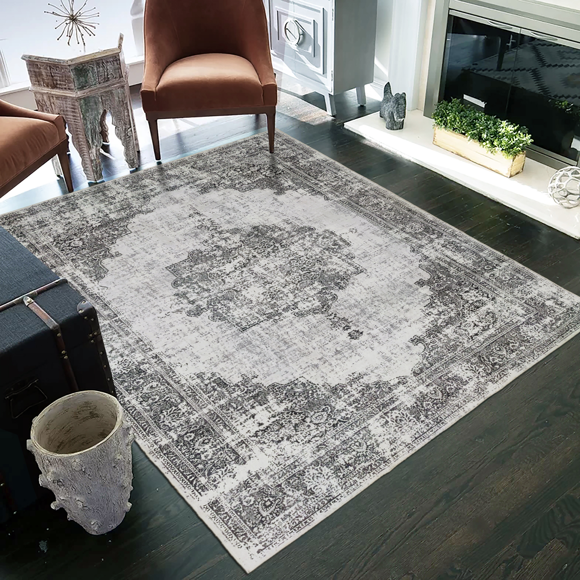 Nostalgia Vintage Rechthoek Laagpolig Vloerkleed Wasbaar Anti-Slip Woonkamer Slaapkamer Grijs