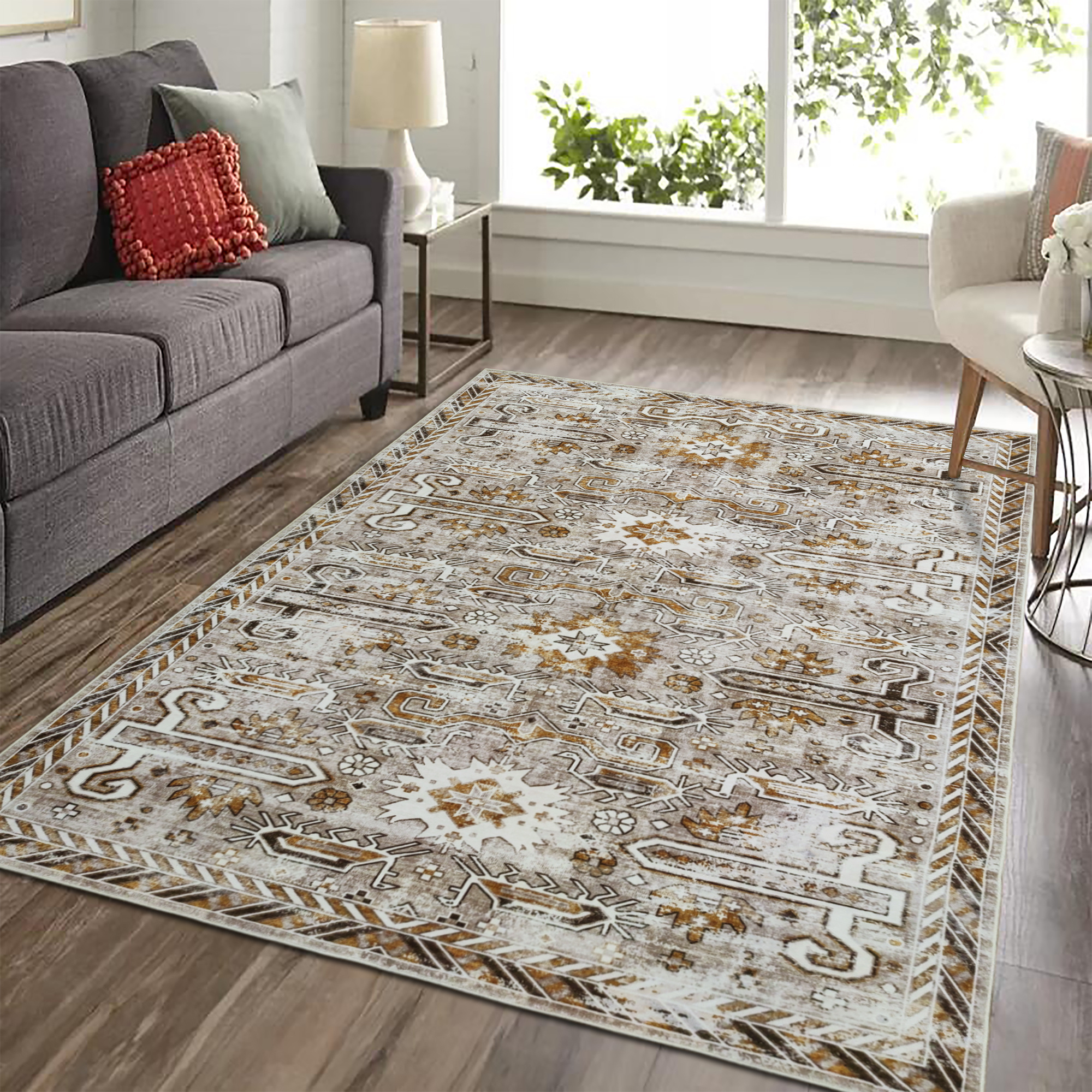 Nostalgia Oriental Vintage Rechthoek Laagpolig Vloerkleed Wasbaar Anti-Slip Woonkamer Slaapkamer Beige