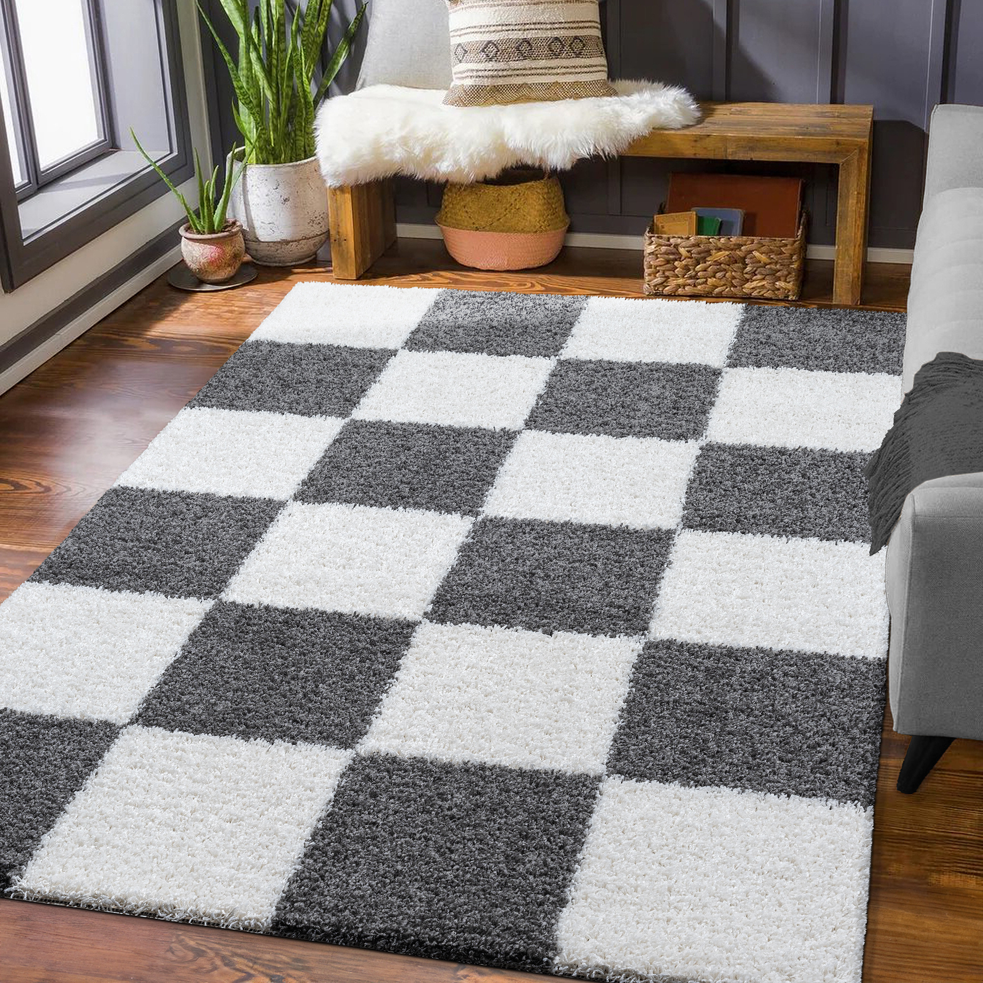 Tapijtenloods Milano Geblokt Hoogpolig Vloerkleed Modern Creme Grijs