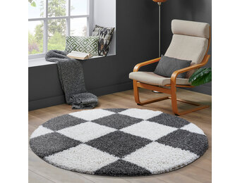 Tapijtenloods Milano Geblokt Hoogpolig Rond Vloerkleed Modern Creme Grijs