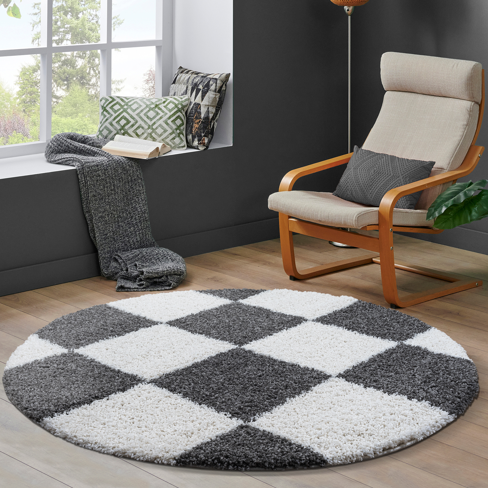 Tapijtenloods Milano Geblokt Hoogpolig Rond Vloerkleed Modern Creme Grijs