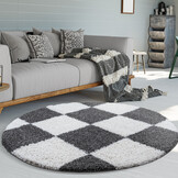 Tapijtenloods Milano Geblokt Hoogpolig Rond Vloerkleed Modern Creme Grijs