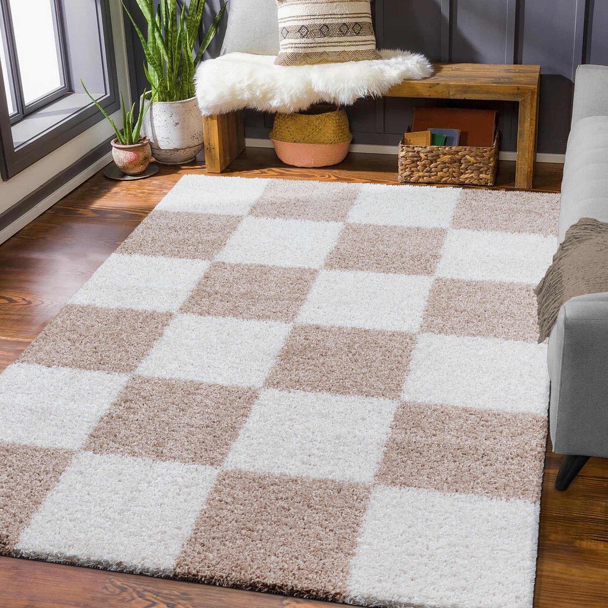 Milano Geblokt Hoogpolig Vloerkleed Beige/Crème
