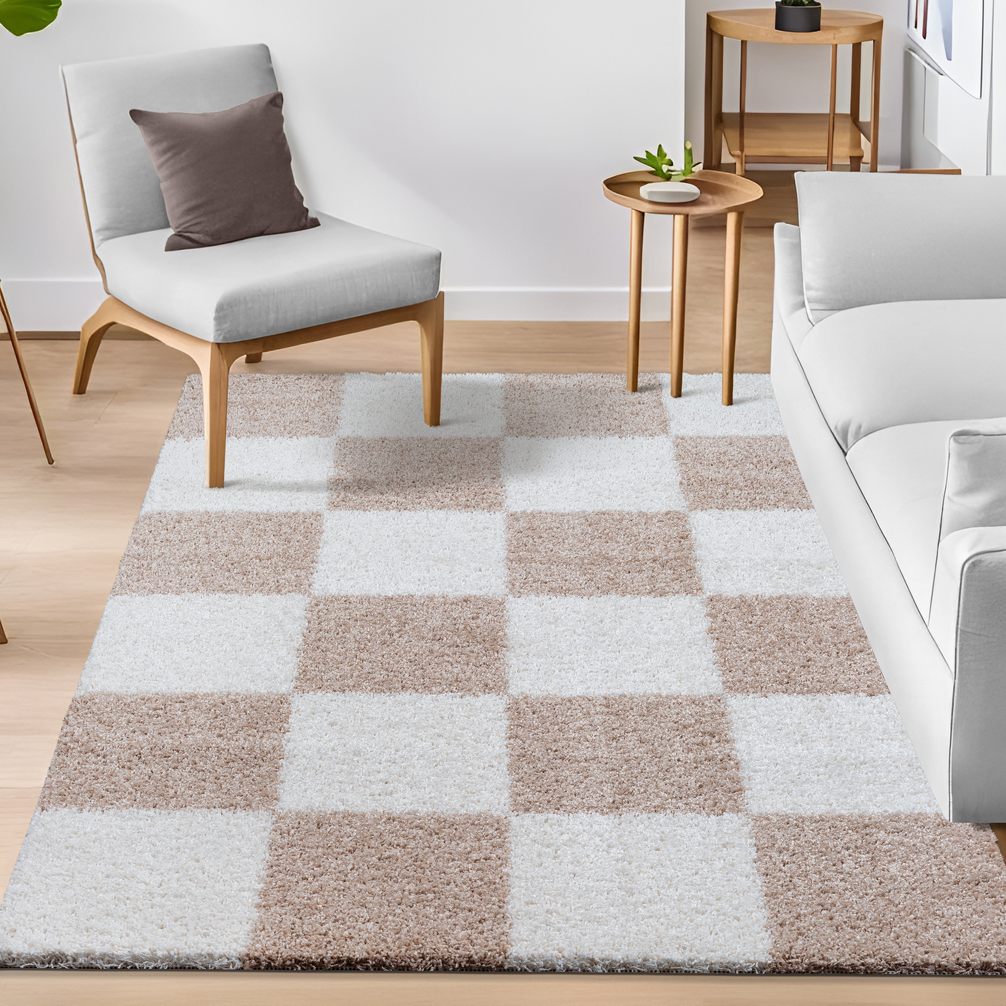 Milano Geblokt Hoogpolig Vloerkleed Beige/Crème