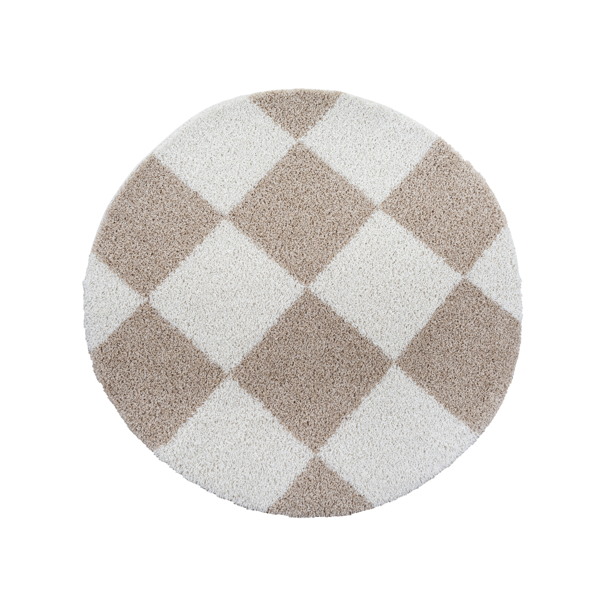 Milano Geblokt Rond Hoogpolig Vloerkleed Beige/Crème