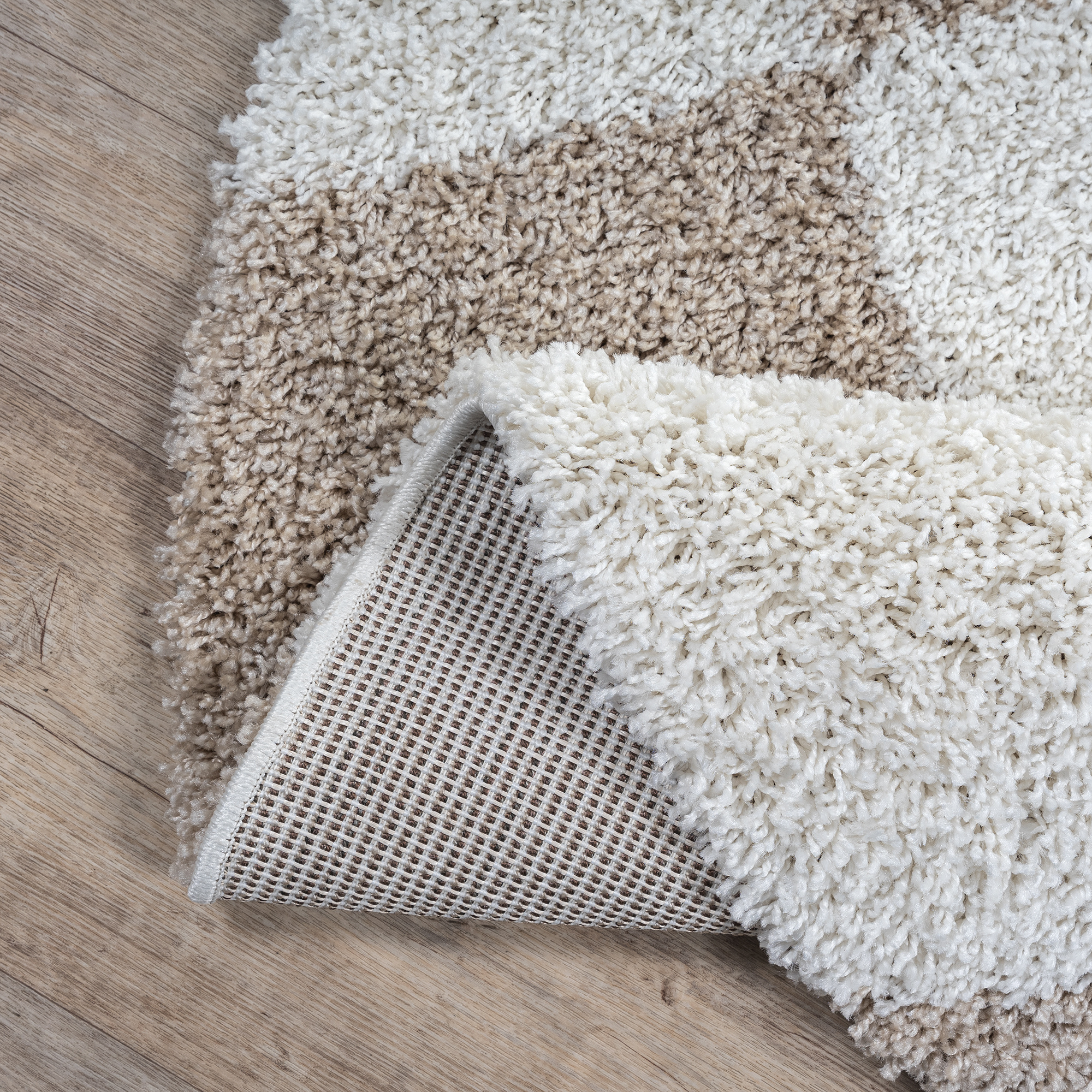 Milano Geblokt Rond Hoogpolig Vloerkleed Beige/Crème
