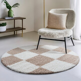 Milano Geblokt Rond Hoogpolig Vloerkleed Beige/Crème