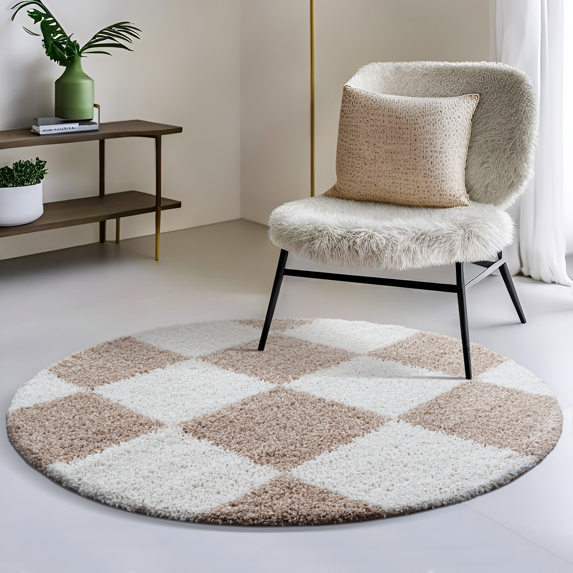 Milano Geblokt Rond Hoogpolig Vloerkleed Beige/Crème