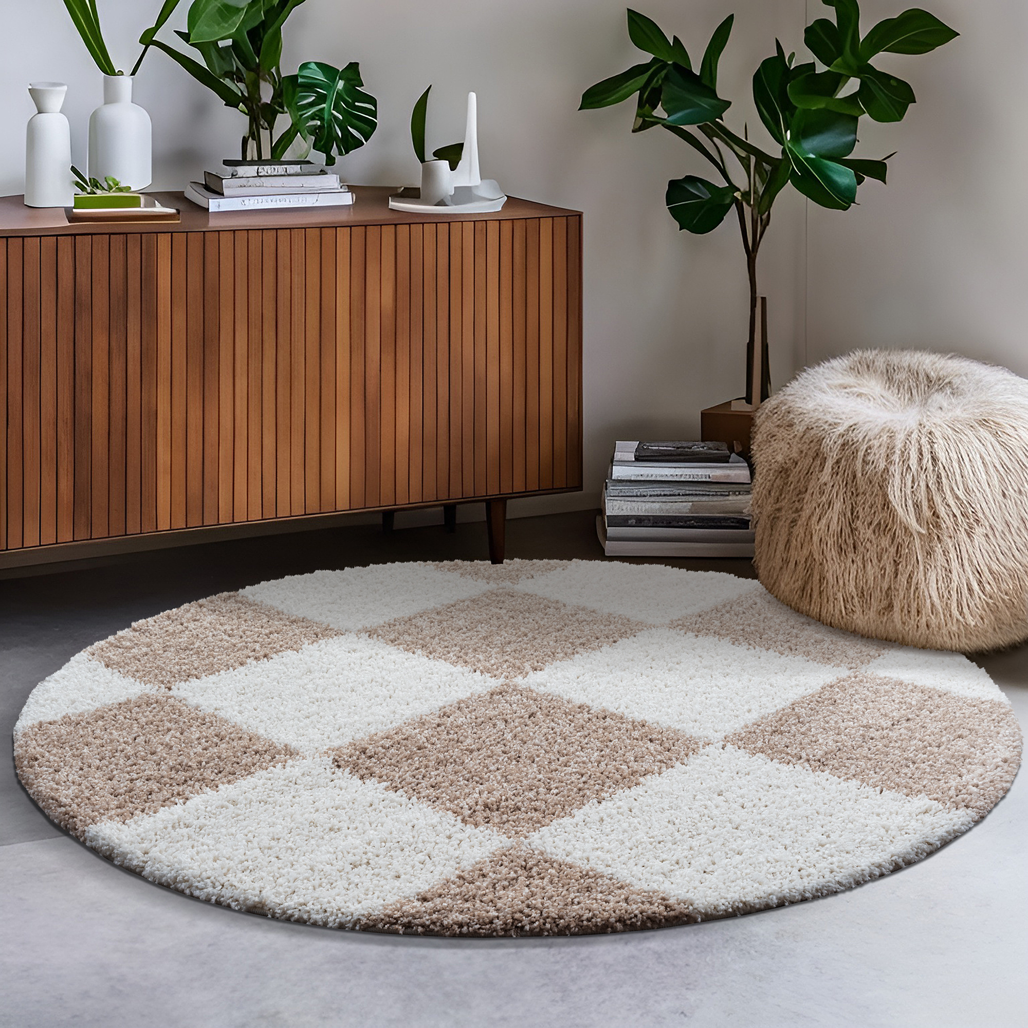 Milano Geblokt Rond Hoogpolig Vloerkleed Beige/Crème