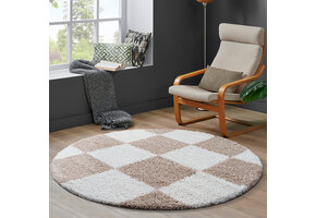 Tapijtenloods Milano Geblokt Hoogpolig Rond Vloerkleed Modern Beige Creme