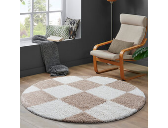 Tapijtenloods Milano Geblokt Hoogpolig Rond Vloerkleed Modern Beige Creme