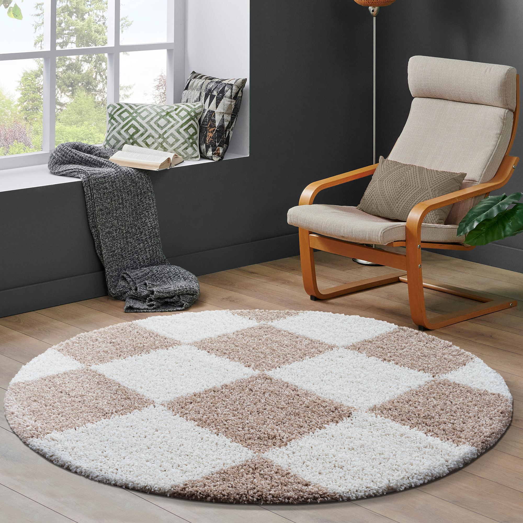 Milano Geblokt Rond Hoogpolig Vloerkleed Beige/Crème