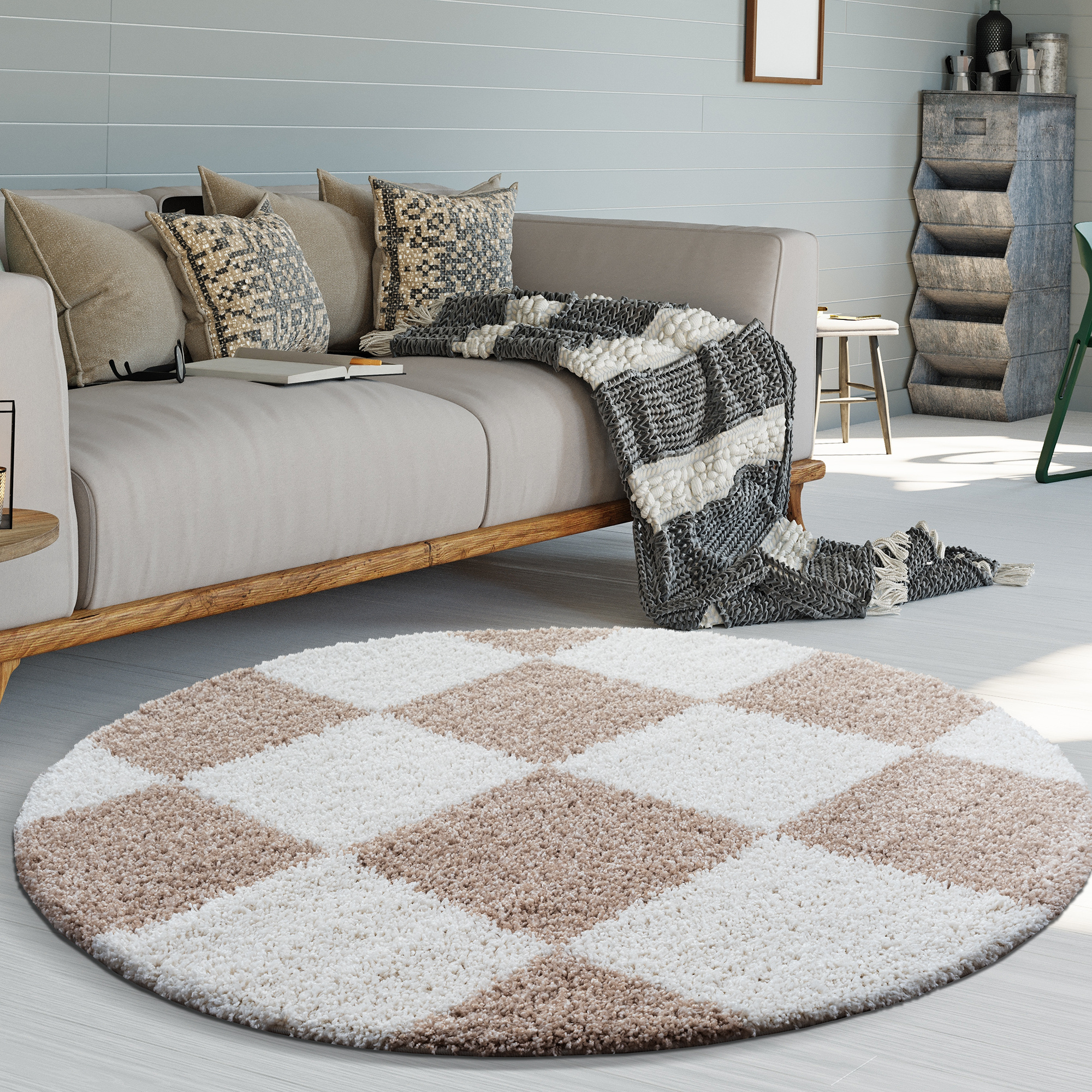 Milano Geblokt Rond Hoogpolig Vloerkleed Beige/Crème