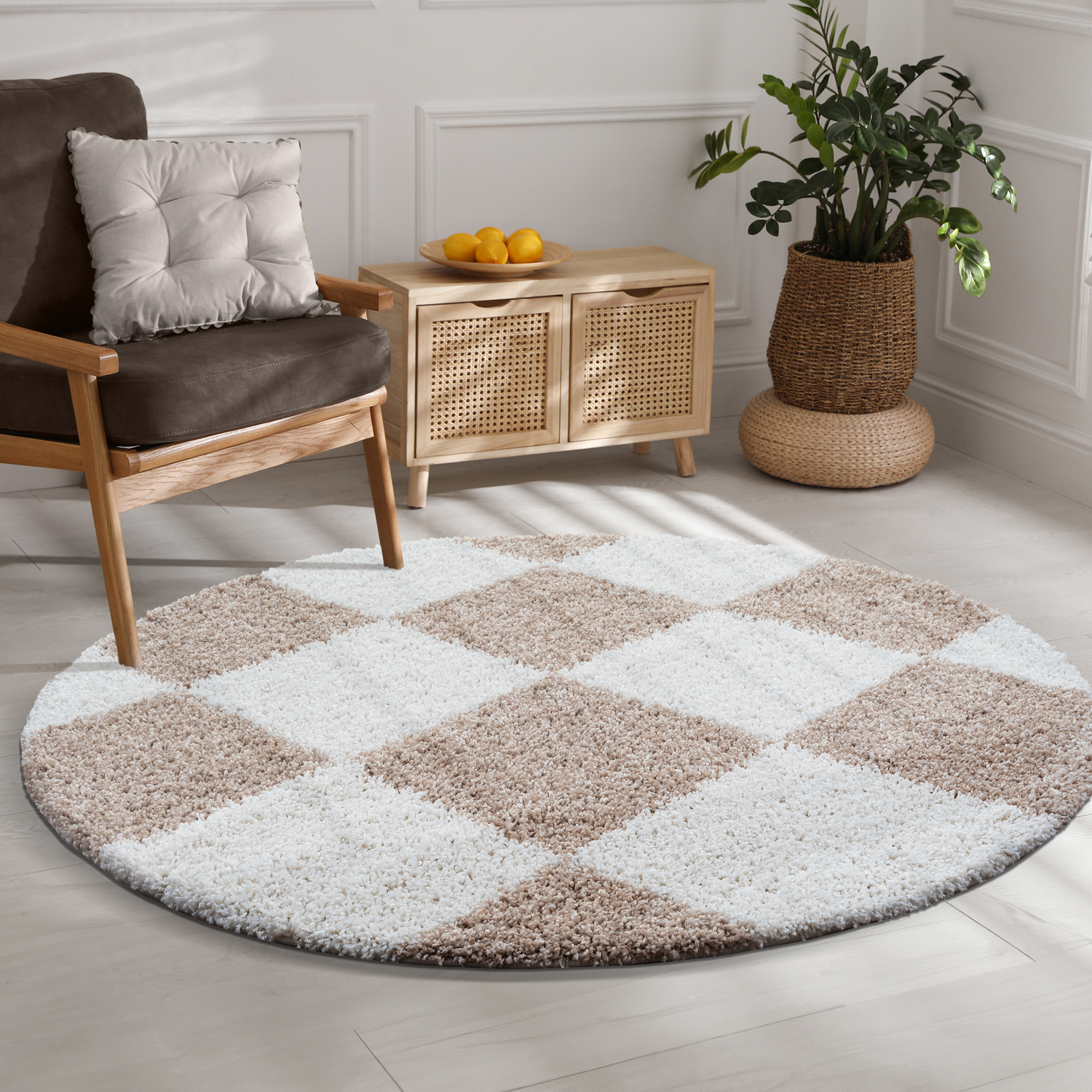 Milano Geblokt Rond Hoogpolig Vloerkleed Beige/Crème