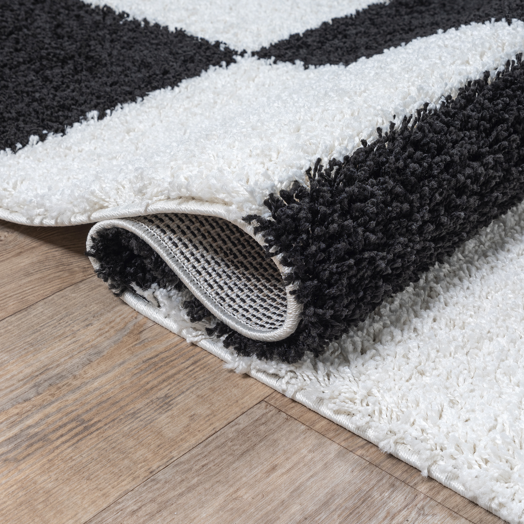 Milano Geblokt Hoogpolig Vloerkleed Zwart/Crème