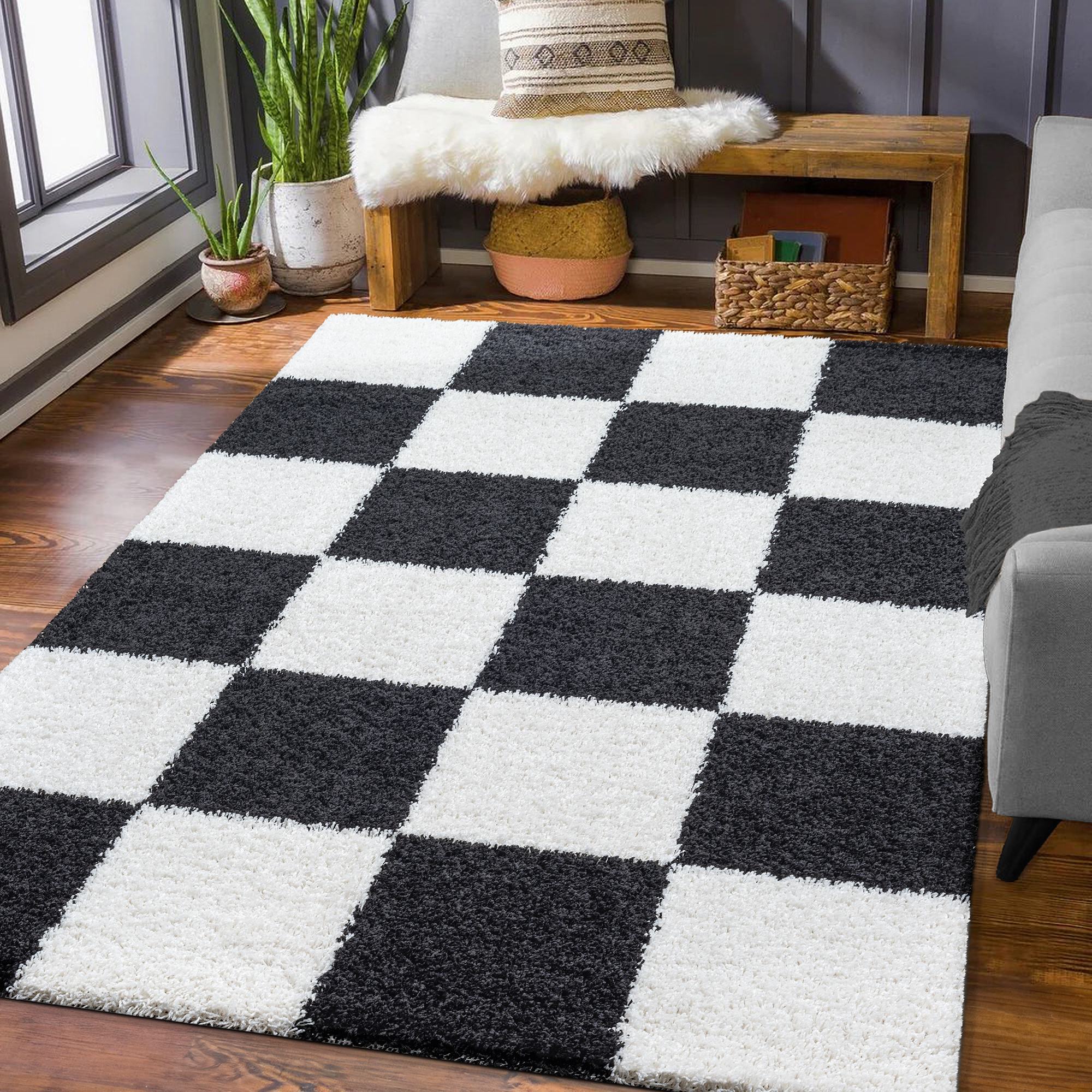 Tapijtenloods Milano Geblokt Hoogpolig Vloerkleed Modern Zwart Creme