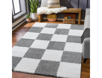 Tapijtenloods Milano Geblokt Hoogpolig Vloerkleed Modern Lichtgrijs Creme