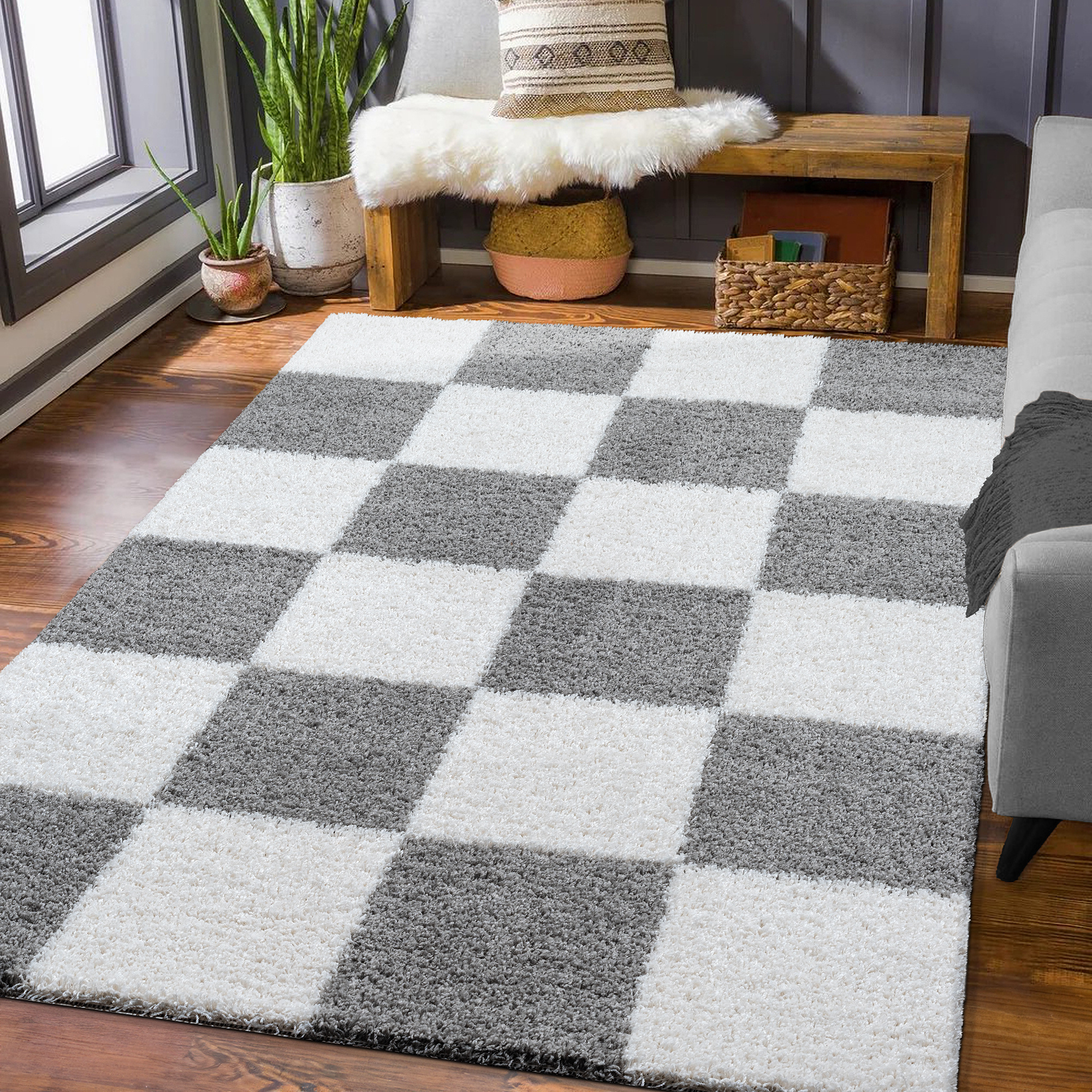 Tapijtenloods Milano Geblokt Hoogpolig Vloerkleed Modern Lichtgrijs Creme