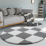 Tapijtenloods Milano Geblokt Hoogpolig Rond Vloerkleed Modern Lichtgrijs Creme