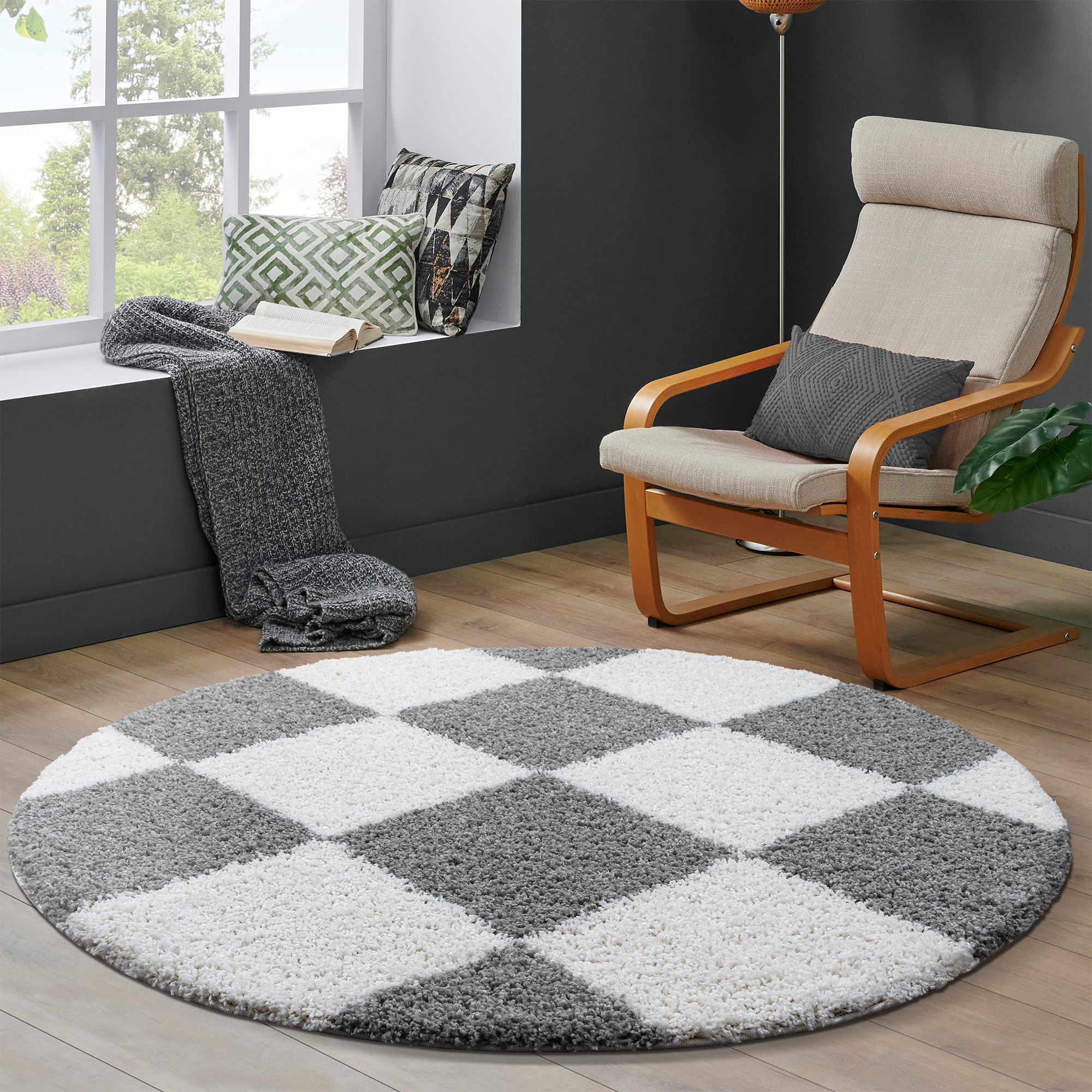 Tapijtenloods Milano Geblokt Hoogpolig Rond Vloerkleed Modern Lichtgrijs Creme