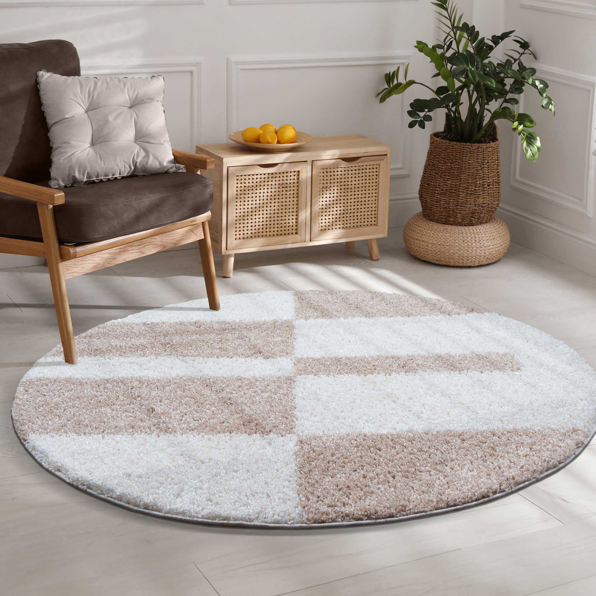 Milano Gala Rond Hoogpolig Vloerkleed Beige/Crème