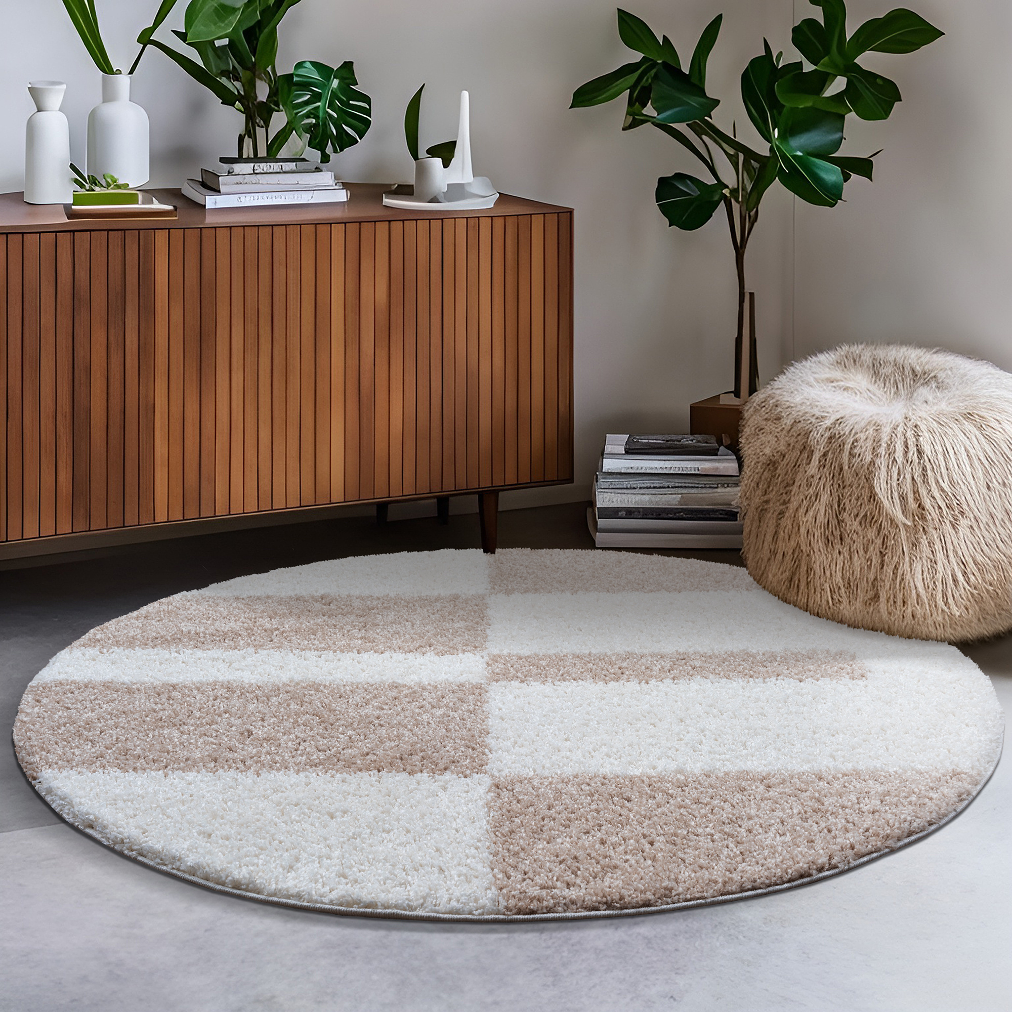 Milano Gala Rond Hoogpolig Vloerkleed Beige/Crème