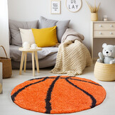 Fun Basketbal Kinderkamer Rond Vloerkleed Hoogpolig Oranje