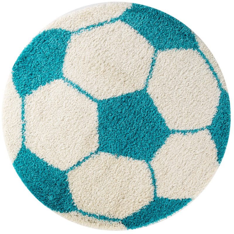 Fun Voetbal Kinderkamer Rond Vloerkleed Hoogpolig Turquoise Wit