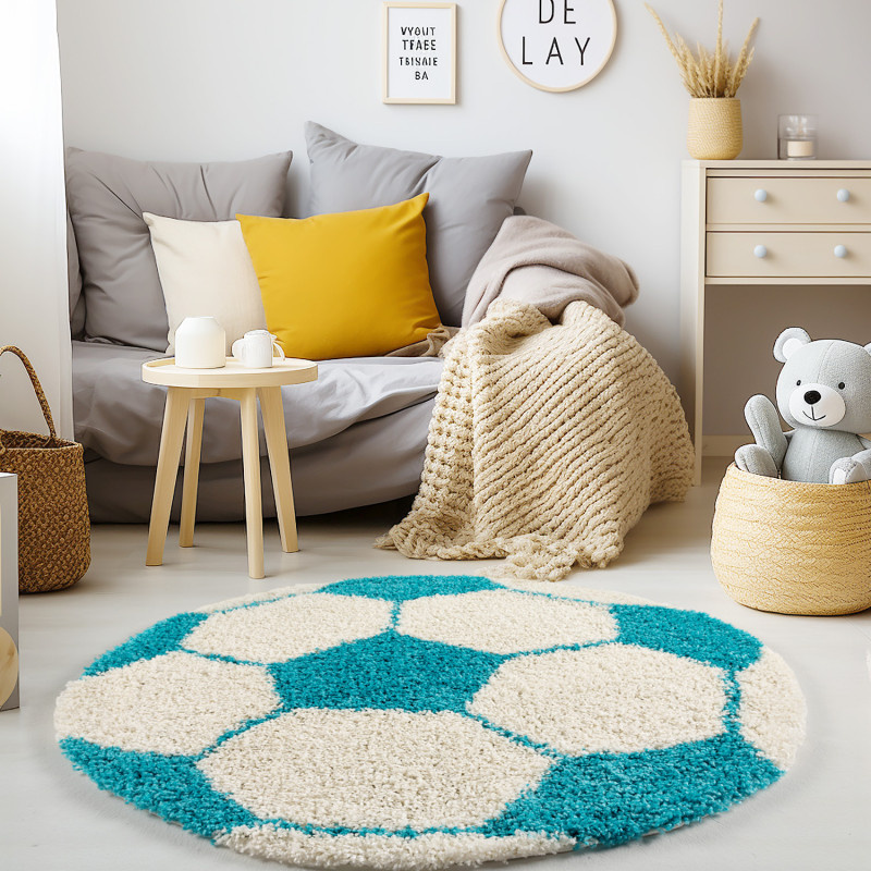 Fun Voetbal Kinderkamer Rond Vloerkleed Hoogpolig Turquoise Wit