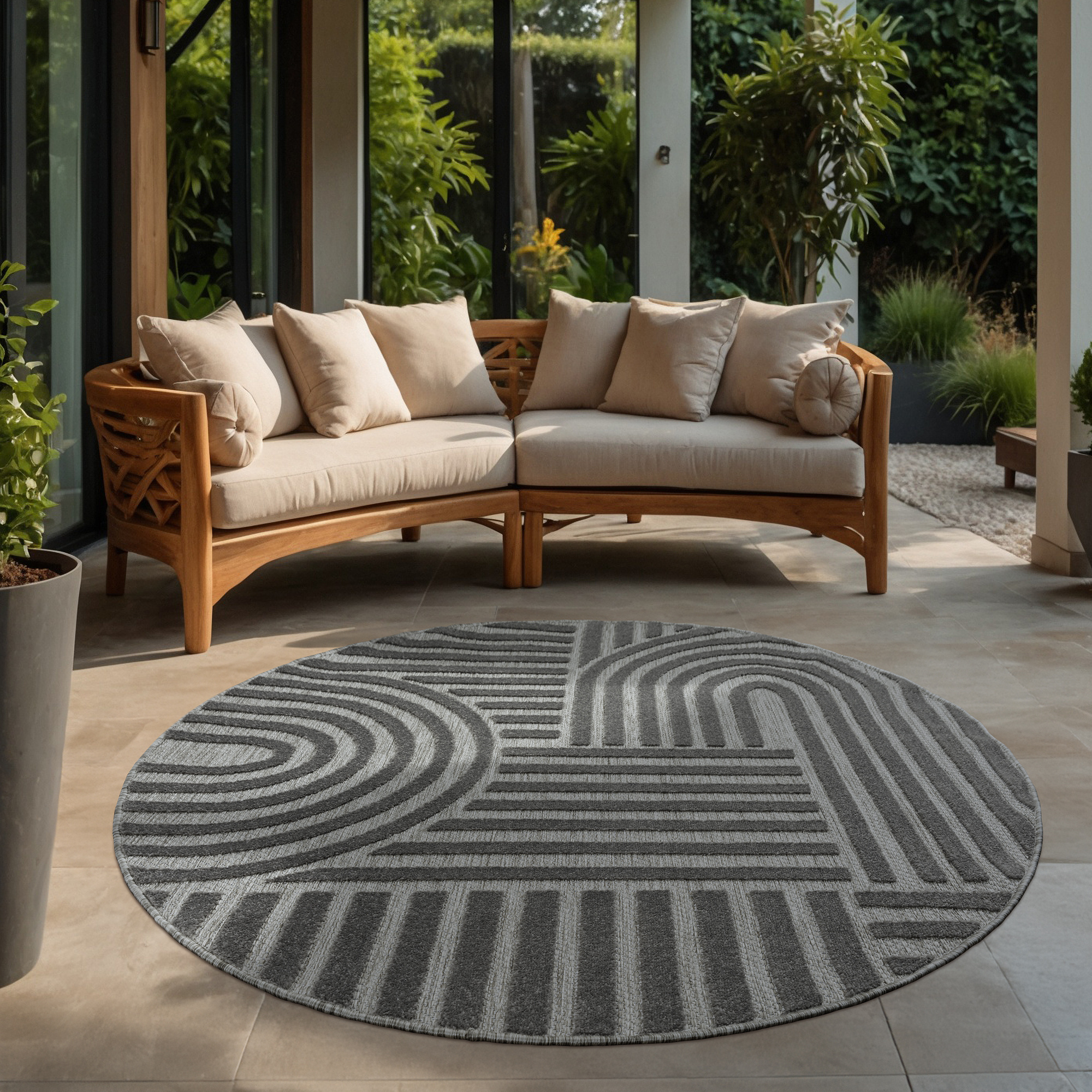 Berlin Outdoor - Japandi - Rond - Grijs - Buitenkleed Tuin - Weerbestendig -