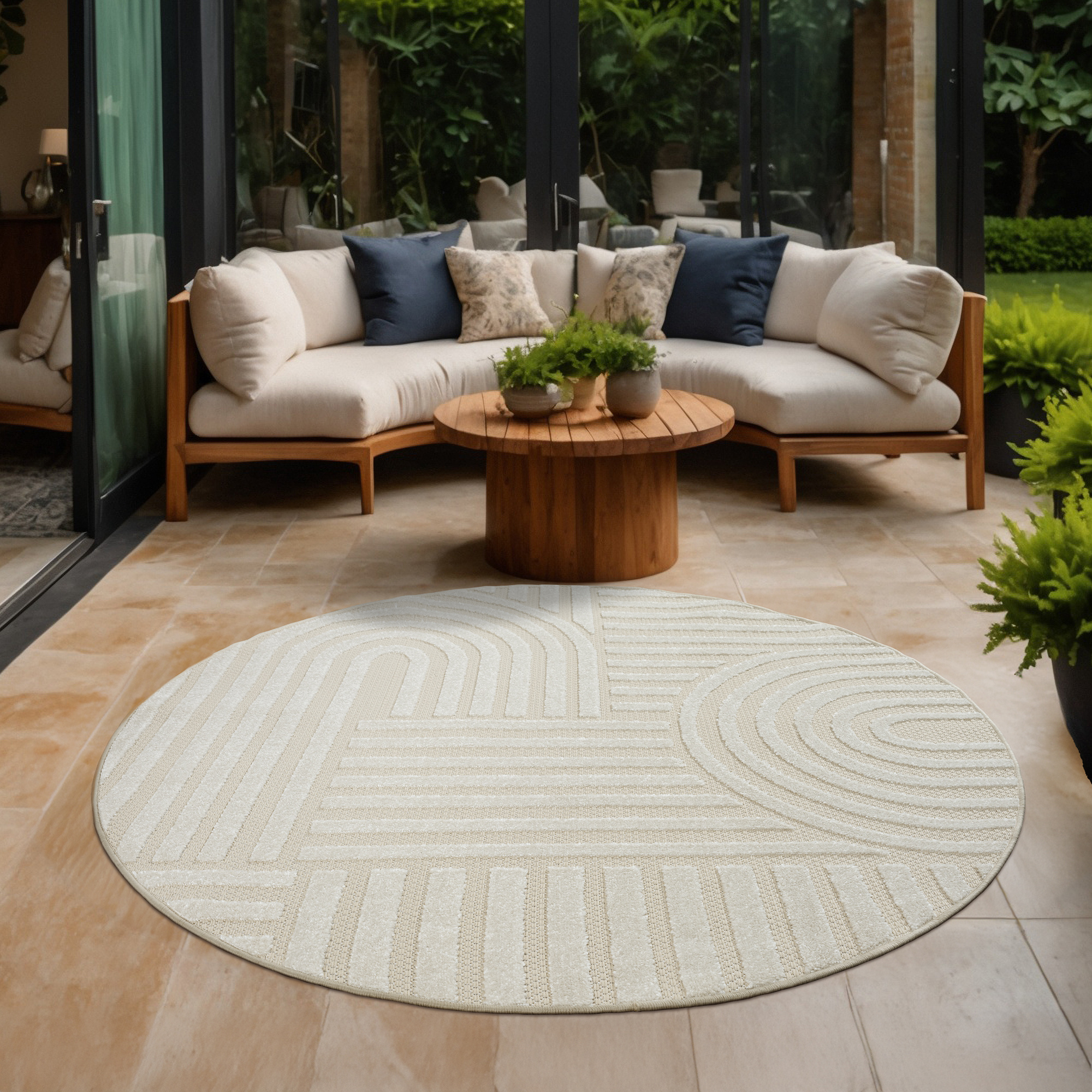 Berlin Outdoor - Japandi - Rond - Creme - Buitenkleed Tuin - Weerbestendig -