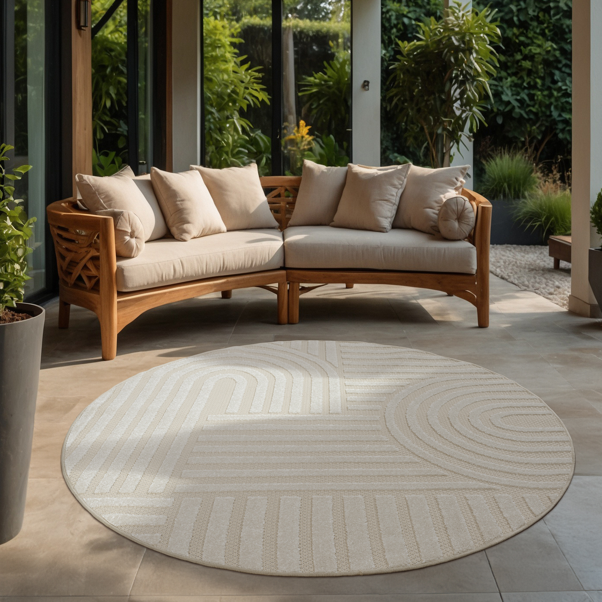 Berlin Outdoor - Japandi - Rond - Creme - Buitenkleed Tuin - Weerbestendig -