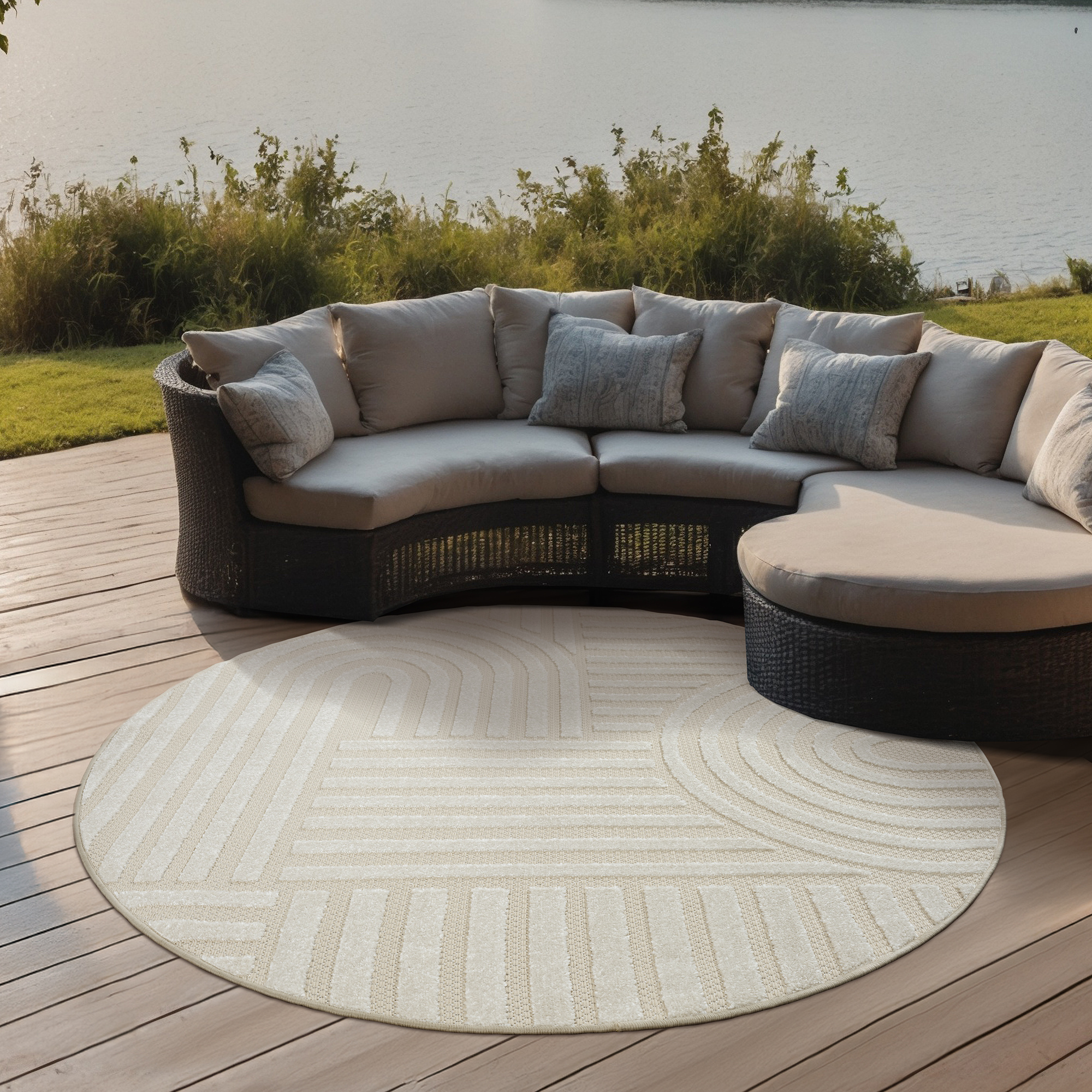 Berlin Outdoor - Japandi - Rond - Creme - Buitenkleed Tuin - Weerbestendig -
