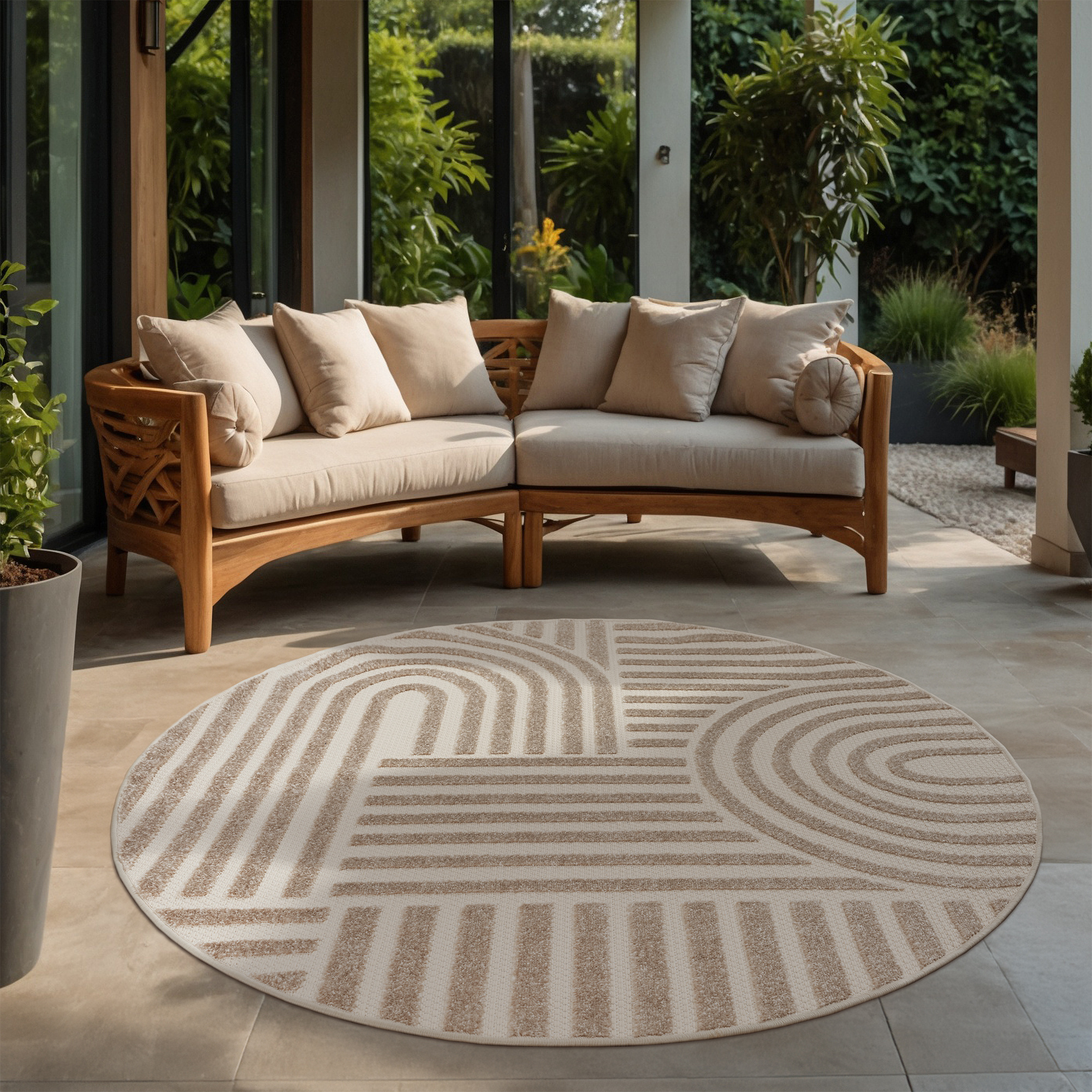 Berlin Outdoor - Japandi - Rond - Beige - Buitenkleed Tuin - Weerbestendig -