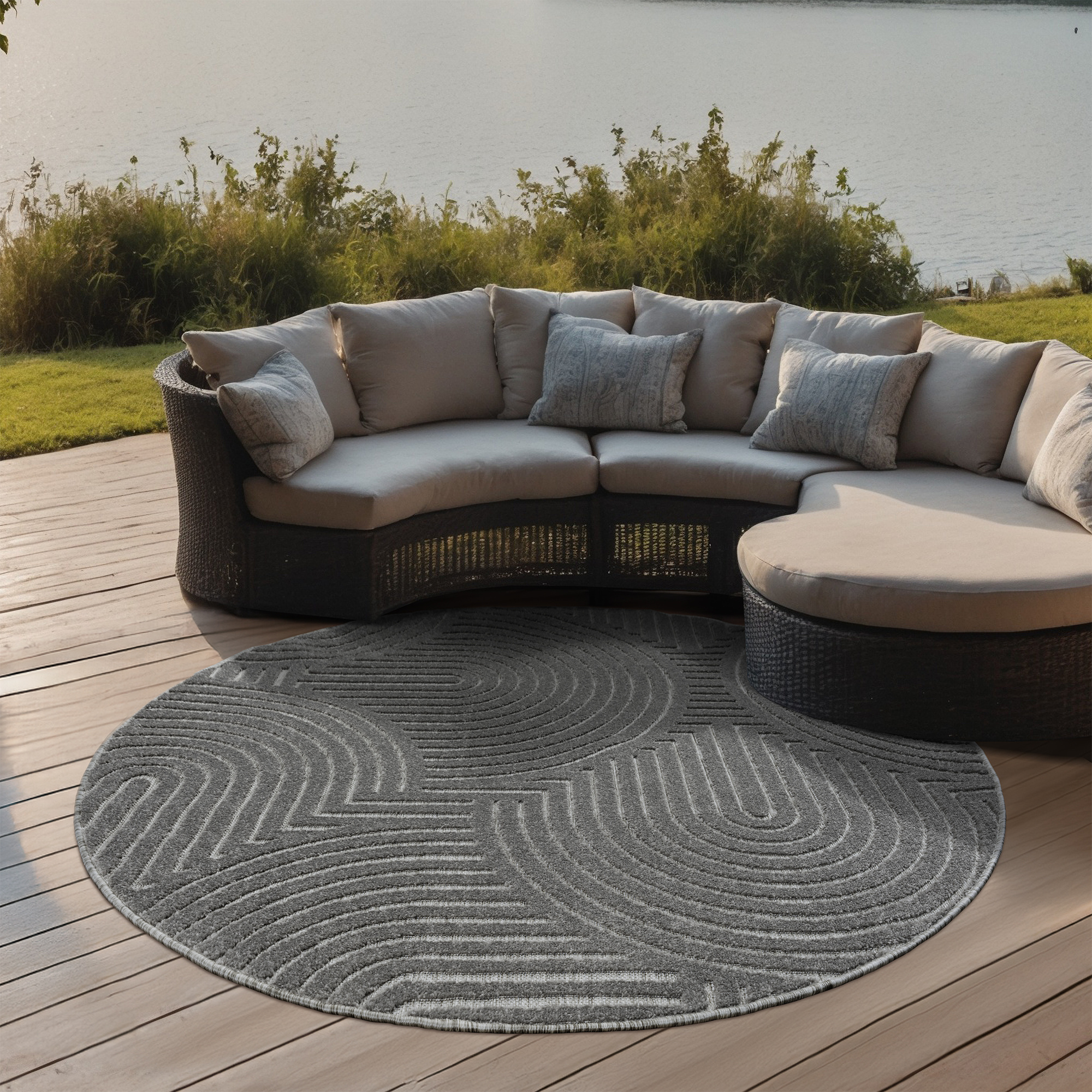Berlin Outdoor - Japandi - Rond - Grijs - Buitenkleed Tuin - Weerbestendig -