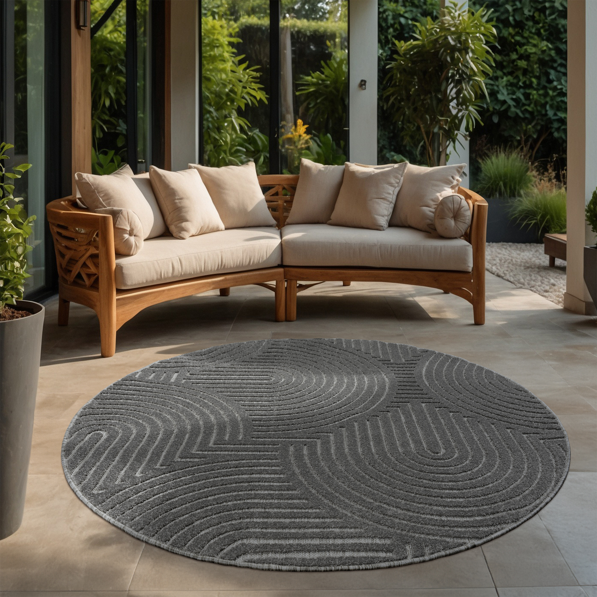 Berlin Outdoor - Japandi - Rond - Grijs - Buitenkleed Tuin - Weerbestendig -