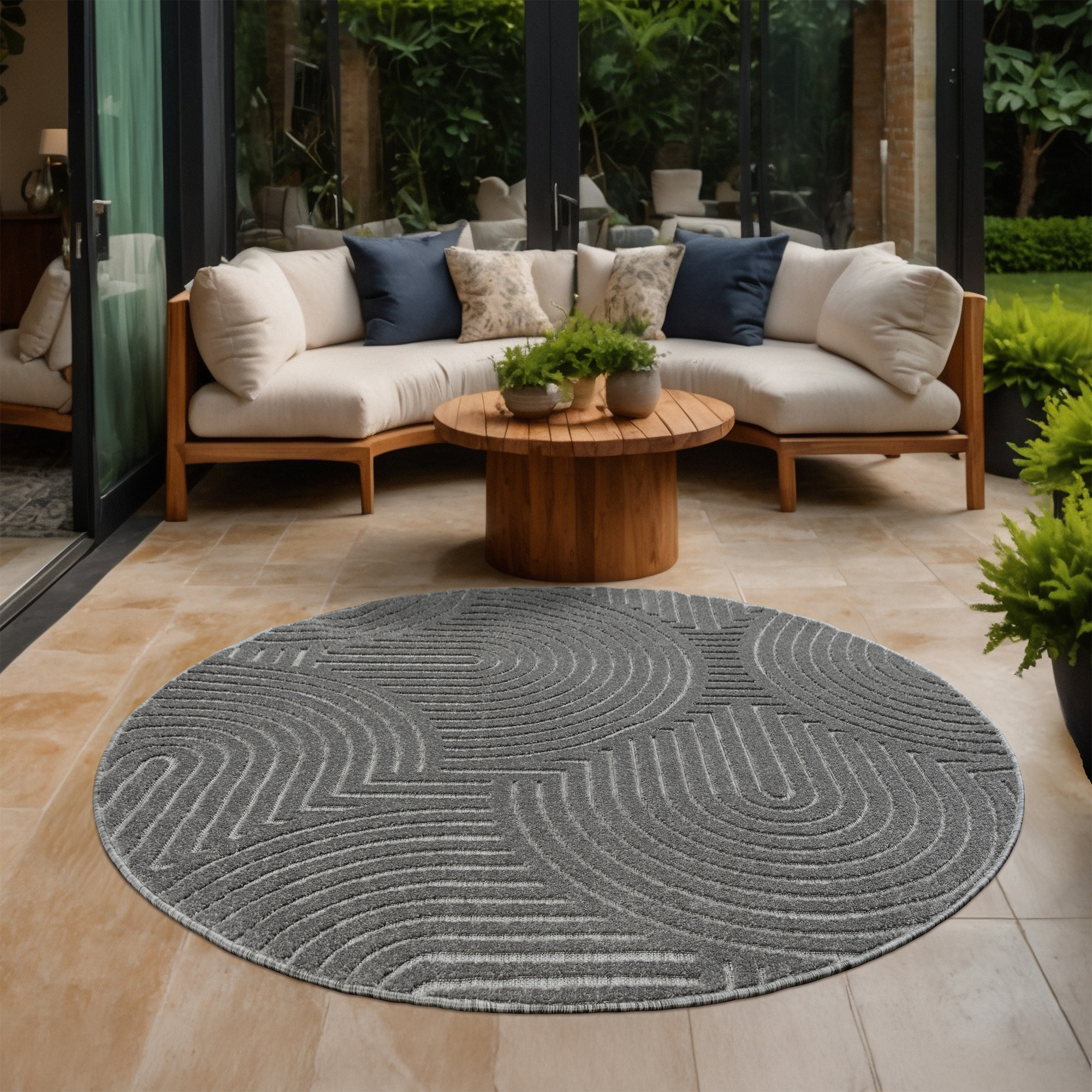 Berlin Outdoor - Japandi - Rond - Grijs - Buitenkleed Tuin - Weerbestendig -