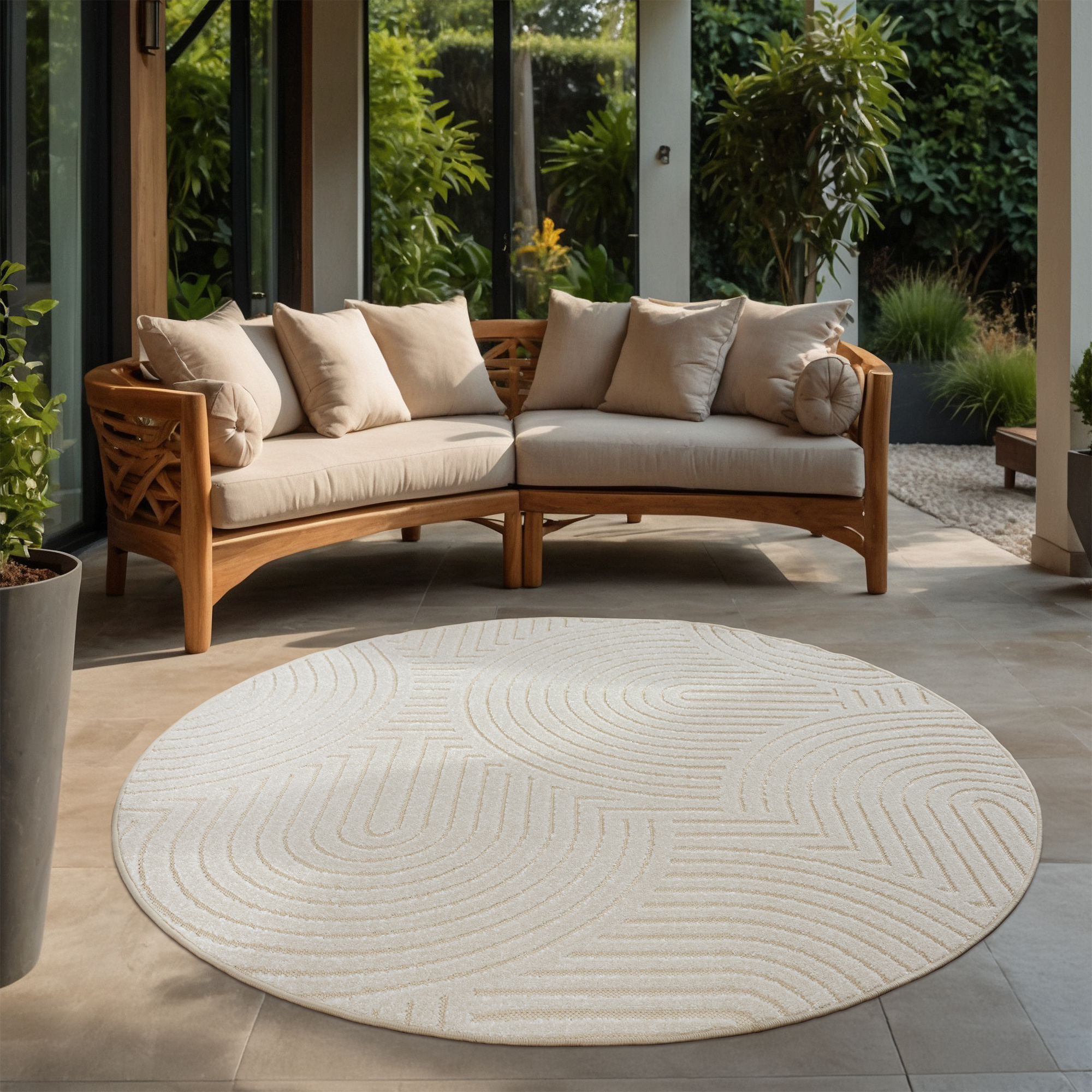 Berlin Outdoor - Japandi - Rond - Creme - Buitenkleed Tuin - Weerbestendig -