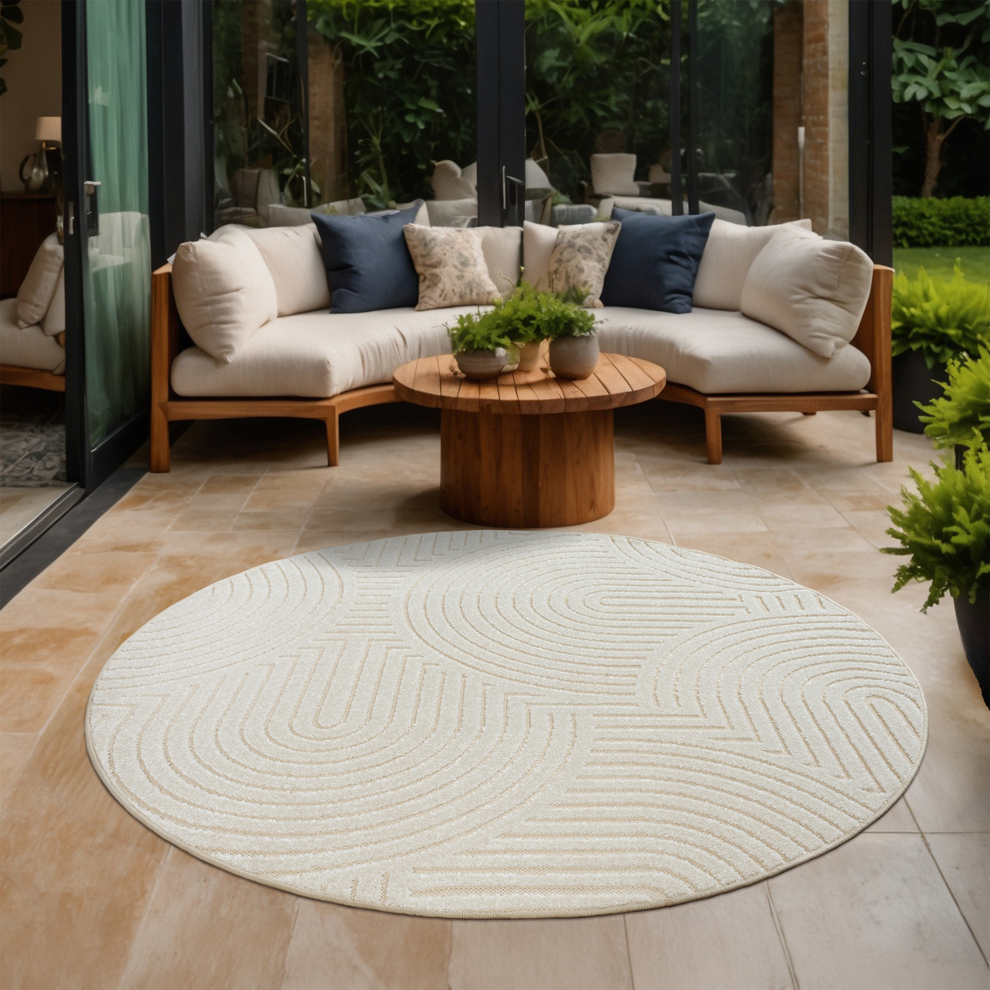 Berlin Outdoor - Japandi - Rond - Creme - Buitenkleed Tuin - Weerbestendig -