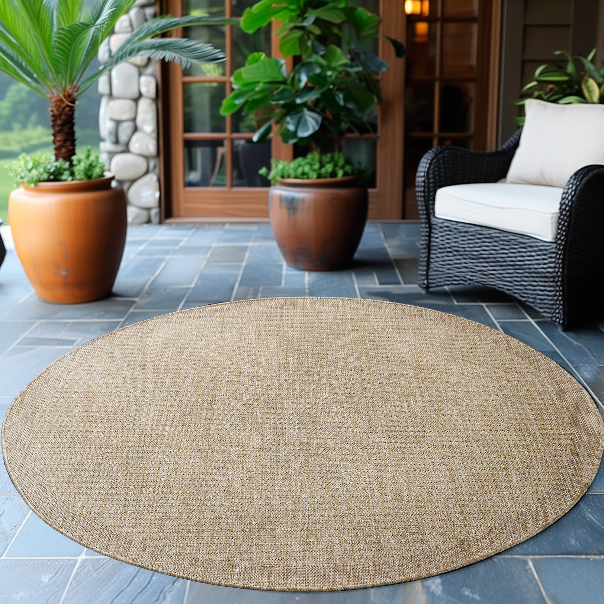 Solid Tuin - Rond Buitenkleed - Indoor & Outdoor - Laagpolig Effen - Beige